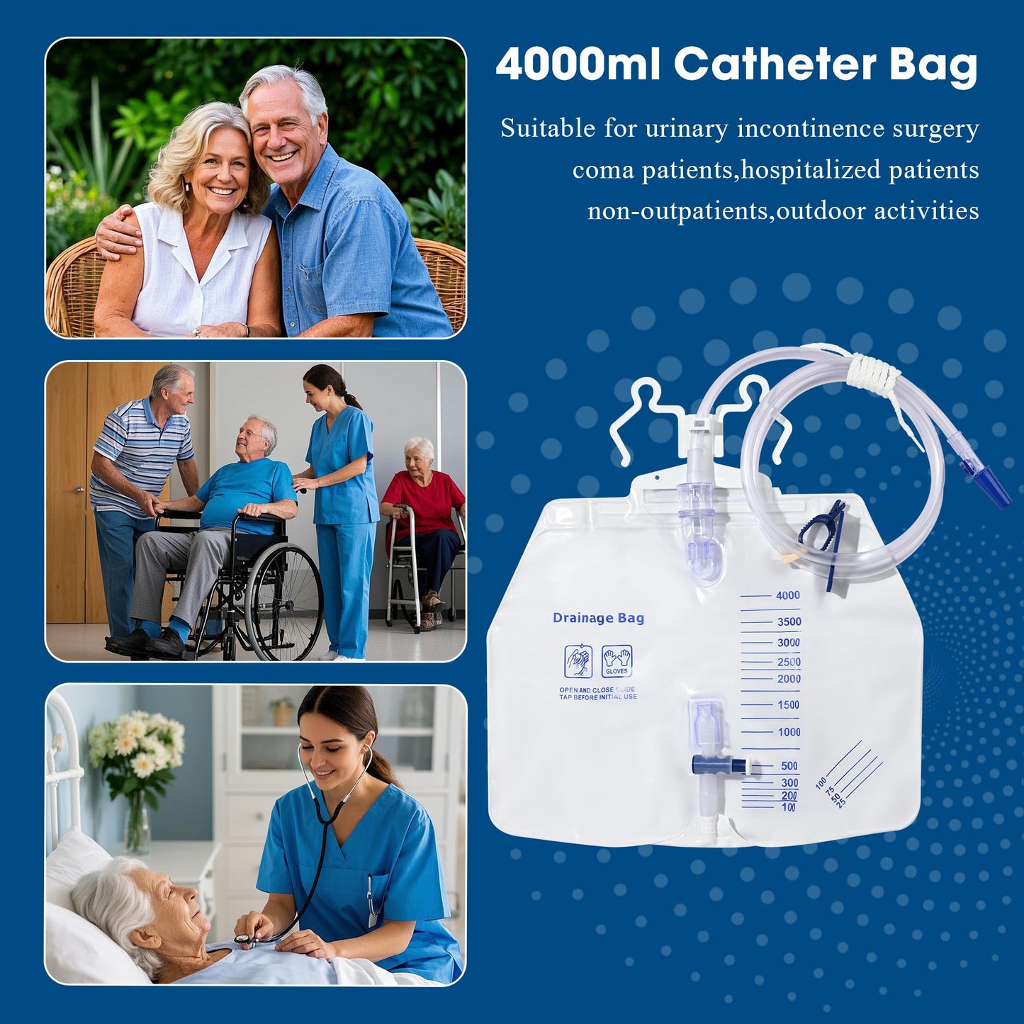 BeHerk 4000mL Catheter Bags for Men and Women 3 Pack Professional Urinary Drainage Bags with Enhanced Anti-Reflux Drip Chamber, 48” Thickened Drainage Tube, Adjustable Clips & Hanging Hook