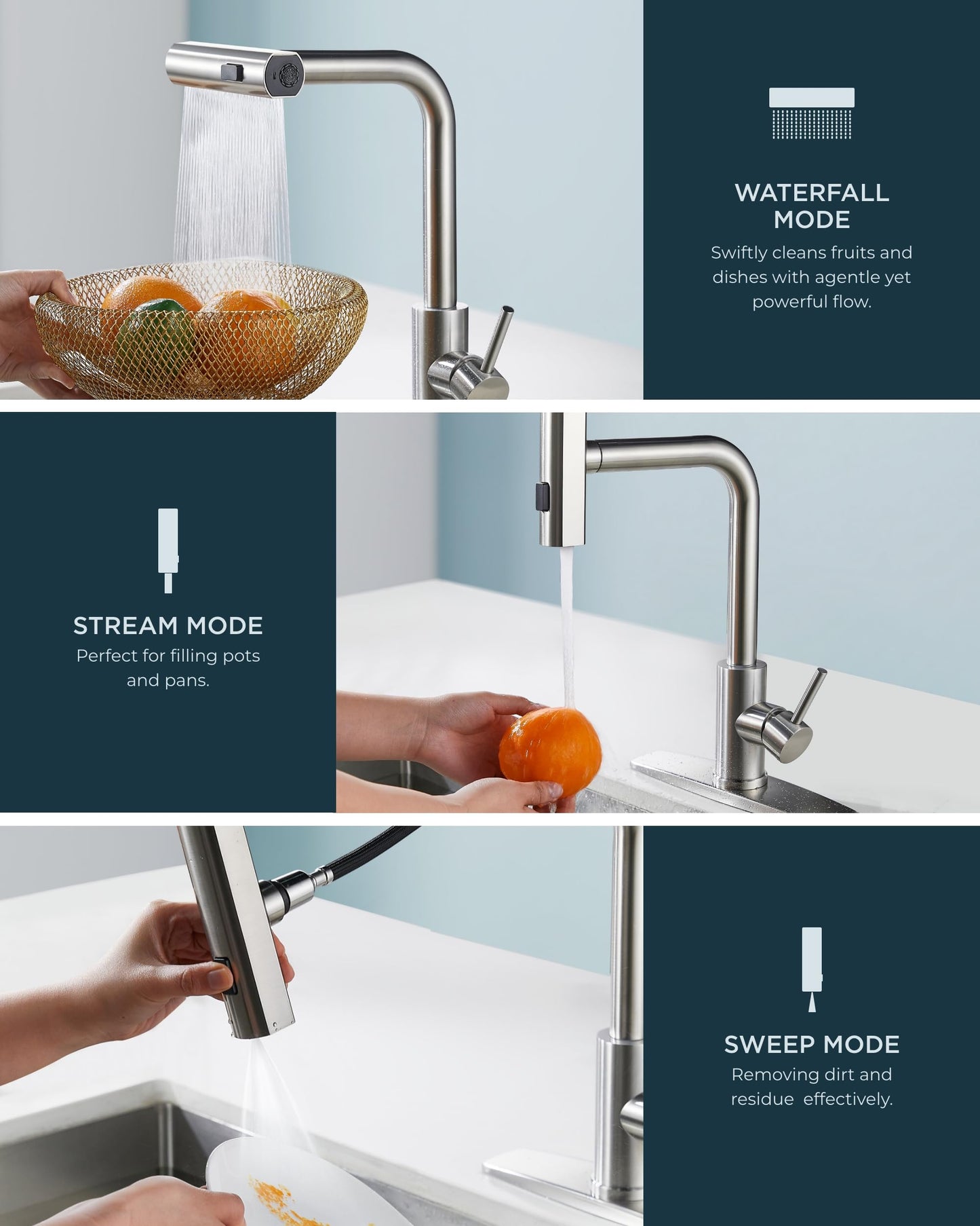 FORIOUS Kitchen Faucet with Pull Down Sprayer, Waterfall Sink Faucet for 3 Function, Stainless Steel Single Handle Modern Laundry Faucet for Farmhouse, Camper, Rv, Bar, Brushed Nickel