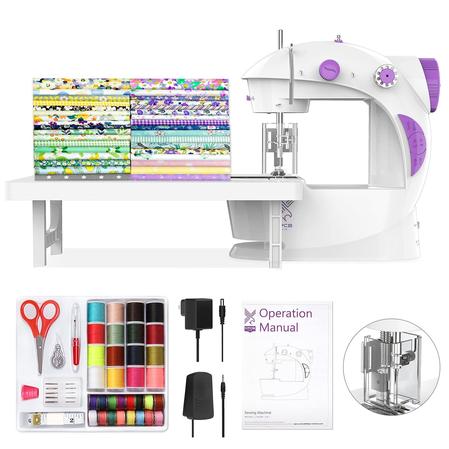 KPCB Tech Mini Sewing Machine [Full Set] with Finger Guard and Fabric Bundles, Sewing Machine for Beginners with Extension Table and Sewing Kits