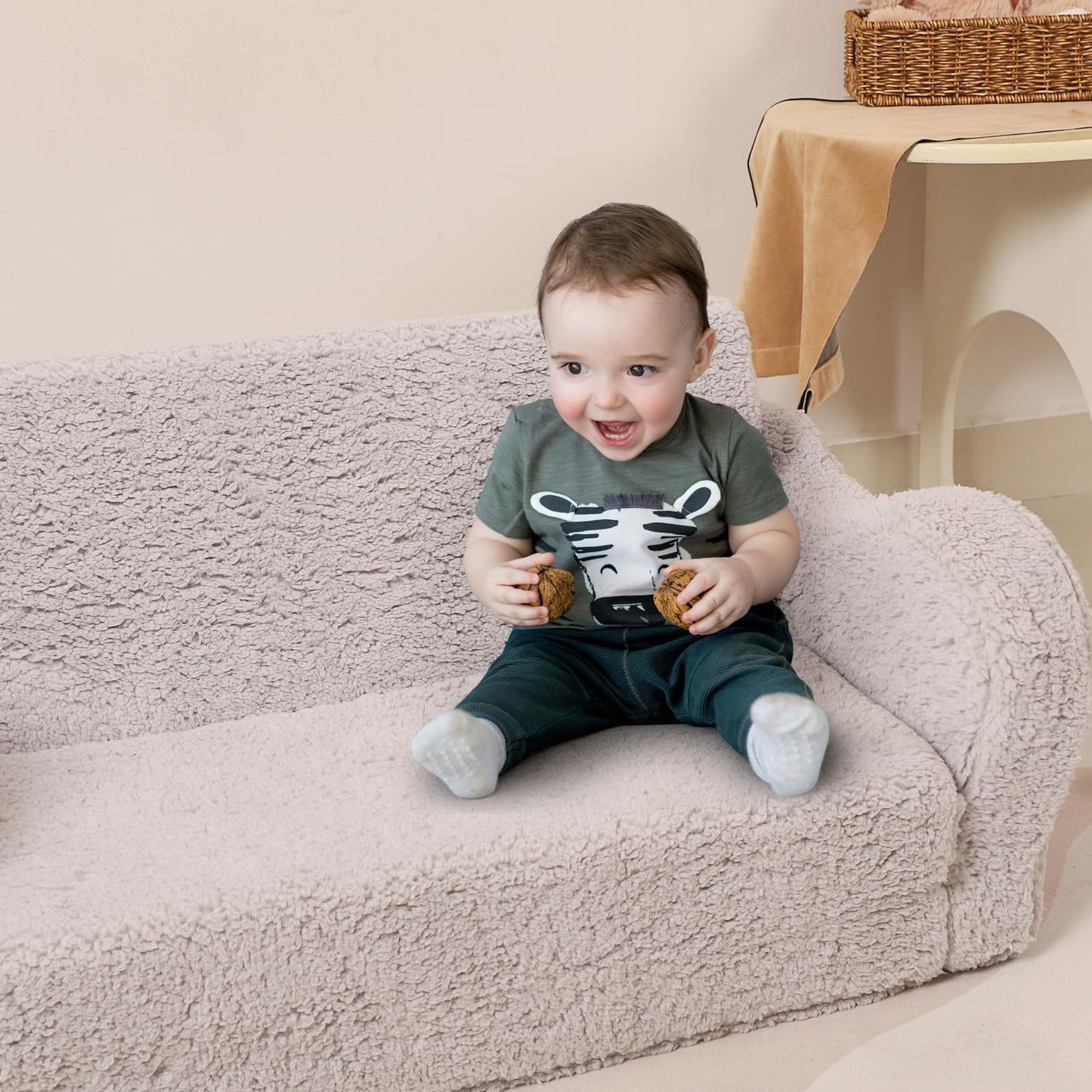 MOMCAYWEX Kids Sofa, 2-in-1 Flip-Out Foam Couch with Soft Sherpa Cover, Cozy Play Lounge Chair, Grey, Large