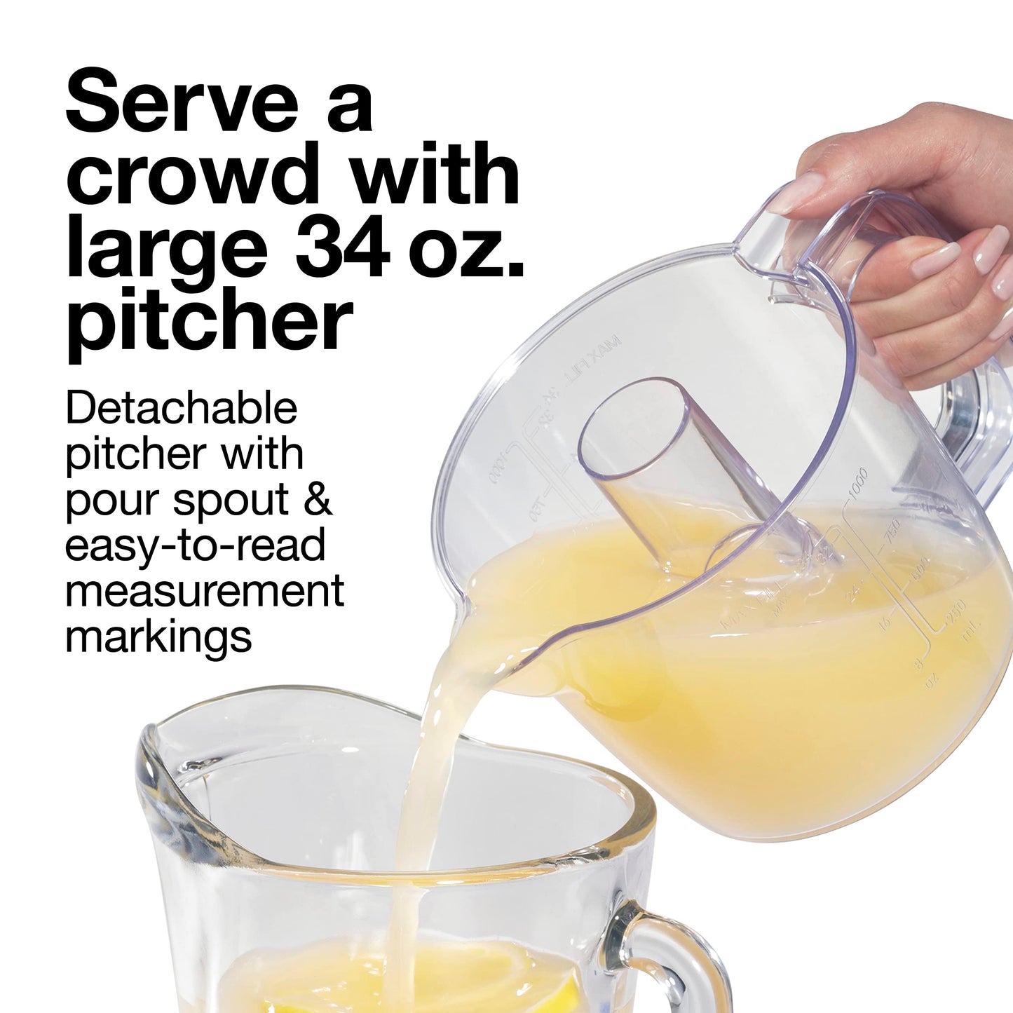 Proctor Silex Alex's Lemonade Stand Electric Citrus Juicer Machine, 34 oz. Pitcher, Pressure Activated, for Lemons, Limes and Oranges, With Reamers, pulp strainer& Lid, 30 Watts, Yellow (66341)