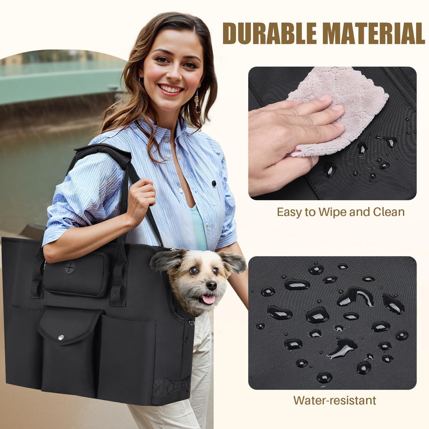 SlowTon Dog Purse Carrier - Portable Dog Carrier Tote Bag with Pockets & Safety Leash, Breathable Pet Handbag for Small to Medium Cats Puppies (Black)