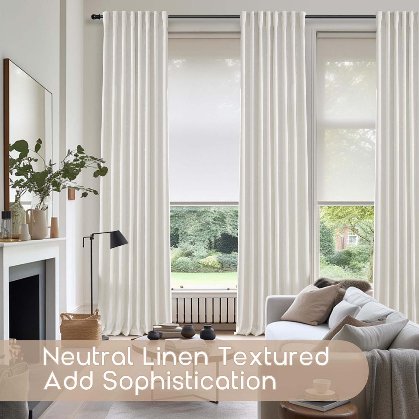 Linen Blackout Curtains 92 Inches Long,Black Out Back Tab Boho Curtains 2 Panels for Bedroom Living Room,Natural Cream