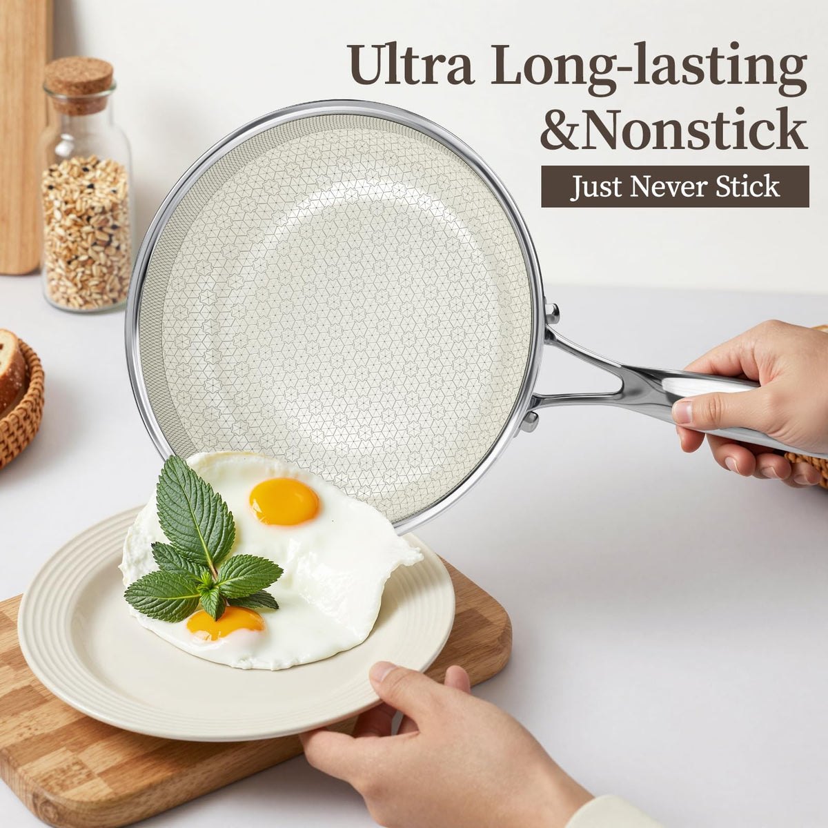 10 Inch Non Stick Frying Pan with Lid, Ceramic Hybrid Tri-Ply Stainless Steel Non Stick Skillet Pan W/Lid Healthy Nonstick Cookware Induction Omelette Chef Frying Pan, Oven Safe, PFAS/PFOA/PTFE Free