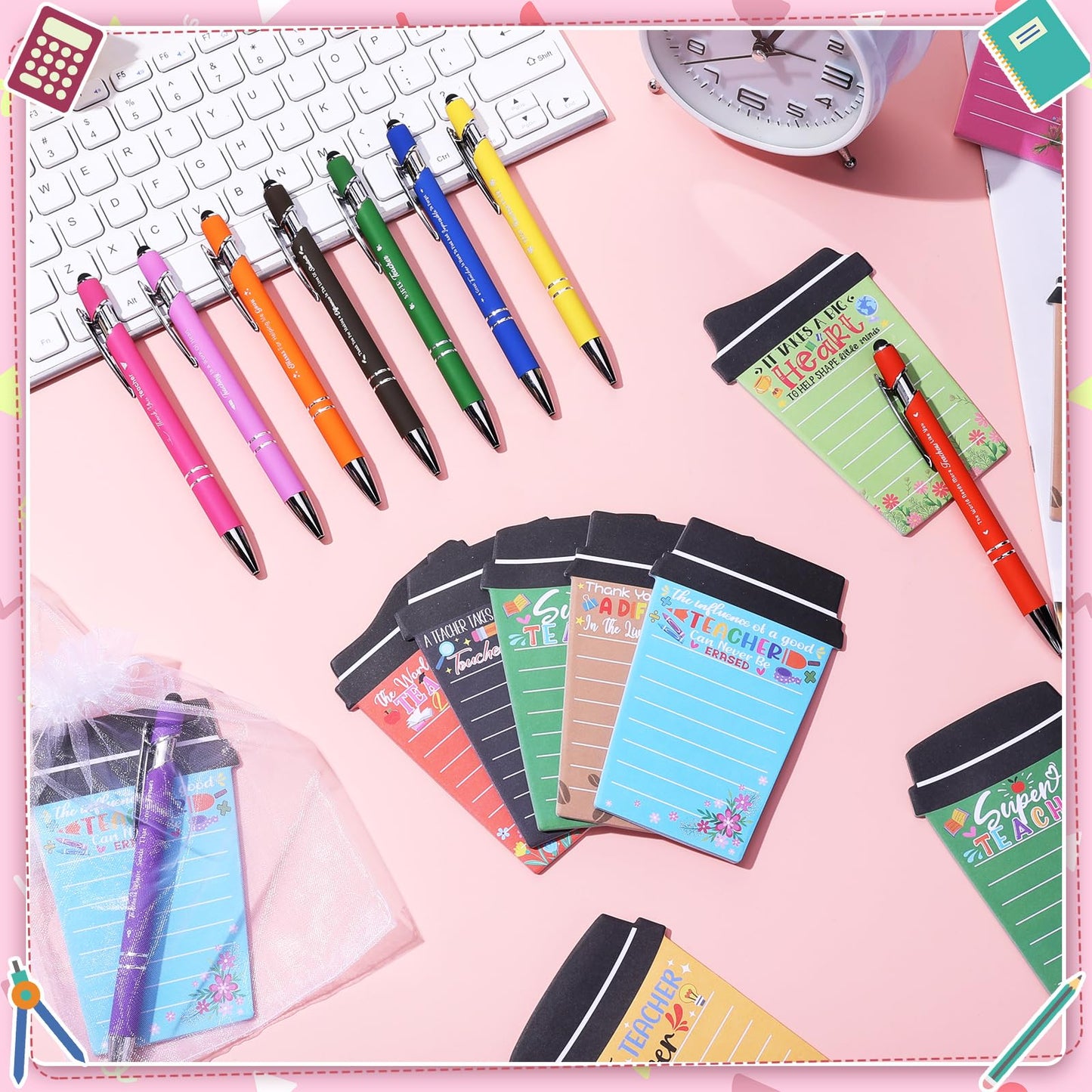 72 Pcs Teacher Appreciation Gifts Bulk Include 24 Coffee Cup Notepads Sticky Notes+ 24 Ballpoint Pens + 24 Drawstring Gift Bags, Best Teachers Gift Thank You Gift for Teachers Office Staff
