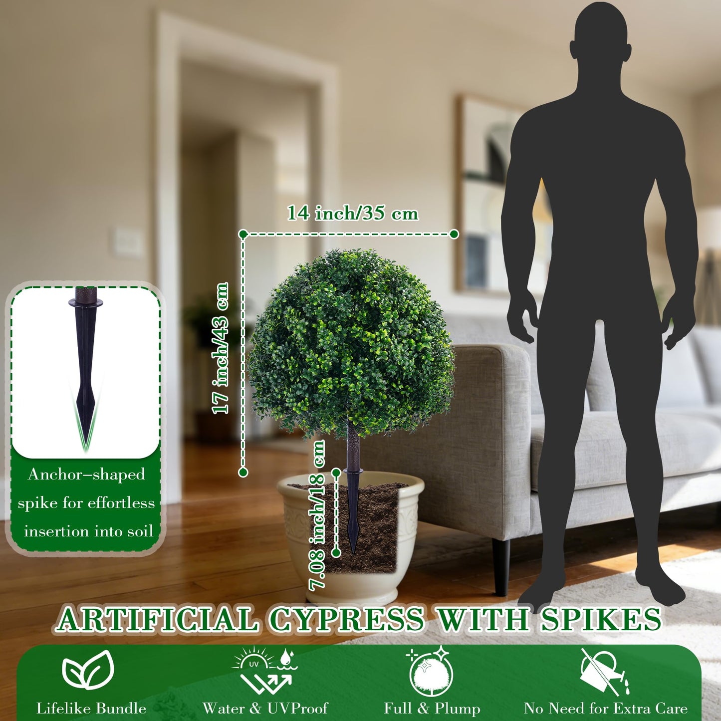 24.8" Outdoor Artificial Topiary Boxwood Tree, Faux Plants Shurbs with Spike, 2 Set Topiary Ball Tree Waterproof UV Resistant Fake Pot Filler Plants for Porch Home Outside Garden Spring Decor
