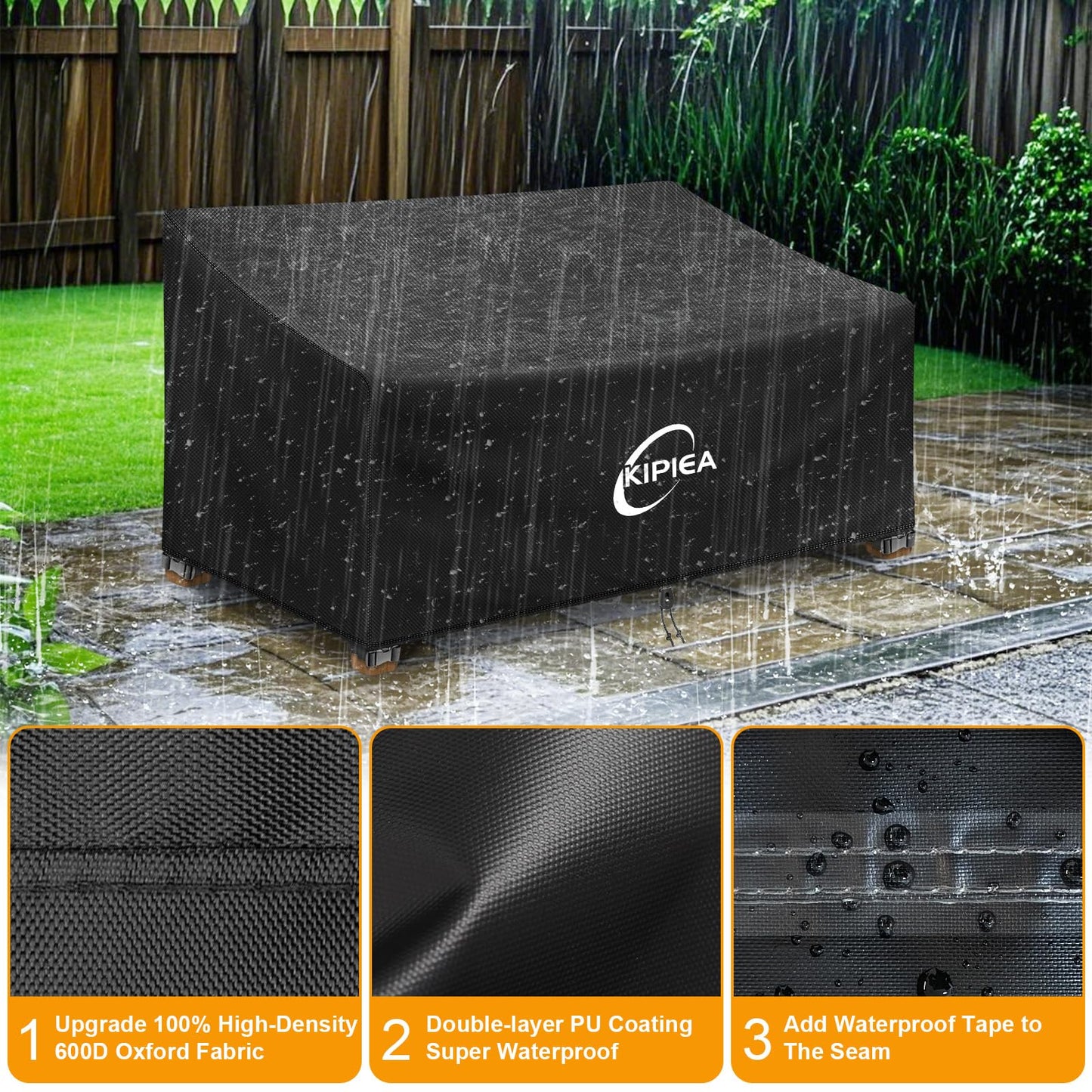Kipiea Patio Sofa Cover, Heavy Duty 600D Outdoor Couch Cover Waterproof Winter, 3-Seat Patio Furniture Cover Loveseat, Outdoor Sofa Covers with Anti UV and No Tears, No Fading (110" W x 34" D x 31" H)