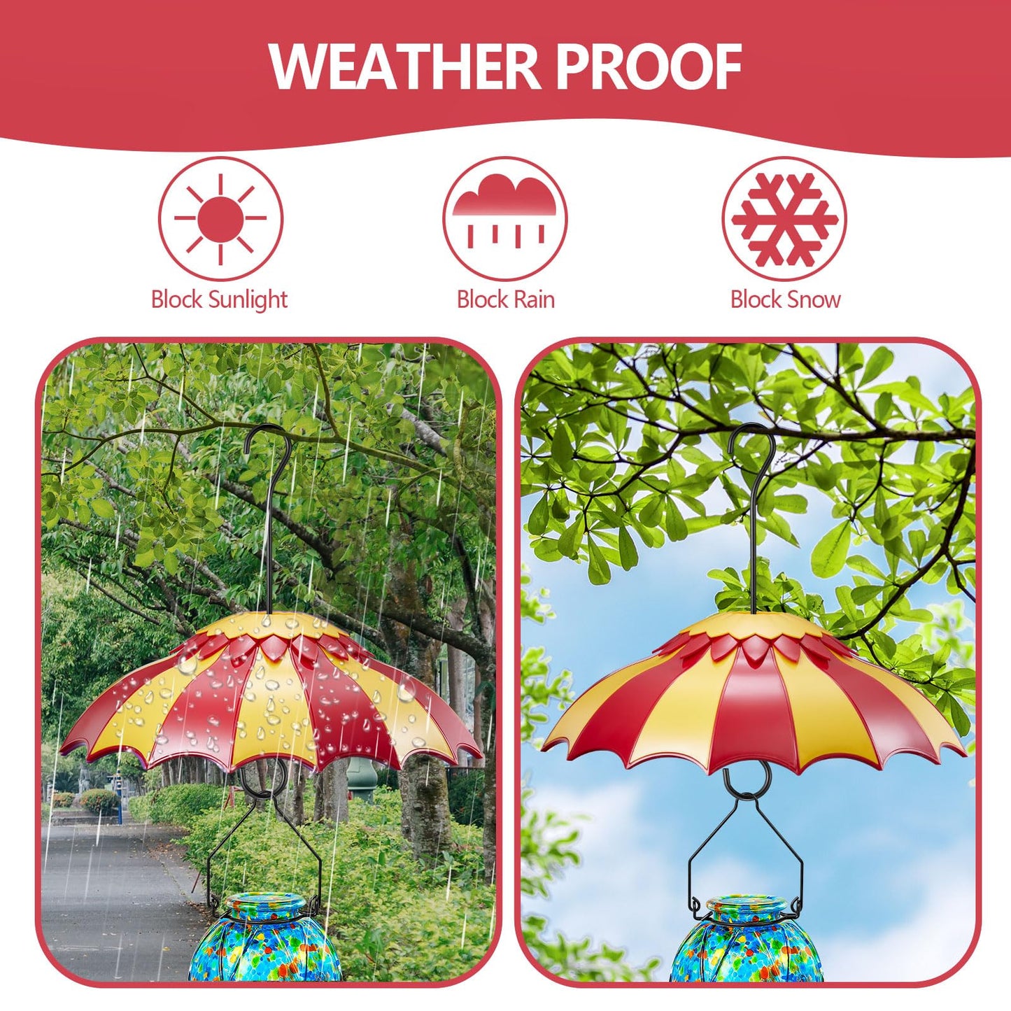 Hummingbird Feeder Cover, Humming Bird Feeder Baffle for Outdoors Hanging, Weather Dome Rain Guard Shade Sunlight Keep Nectar Cool,Large Size Suitable for Wild Bird Feeder, 14inch(Red Yellow)
