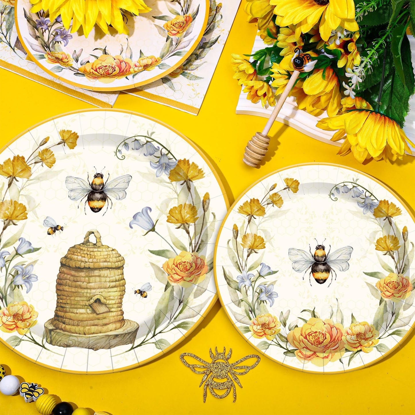 Whaline Bee Tableware Party Decorations Summer Bee Flower Disposable Dinnerware Set for Wedding Birthday Baby Shower Holiday Party Supplies Table Decor, Serve 24