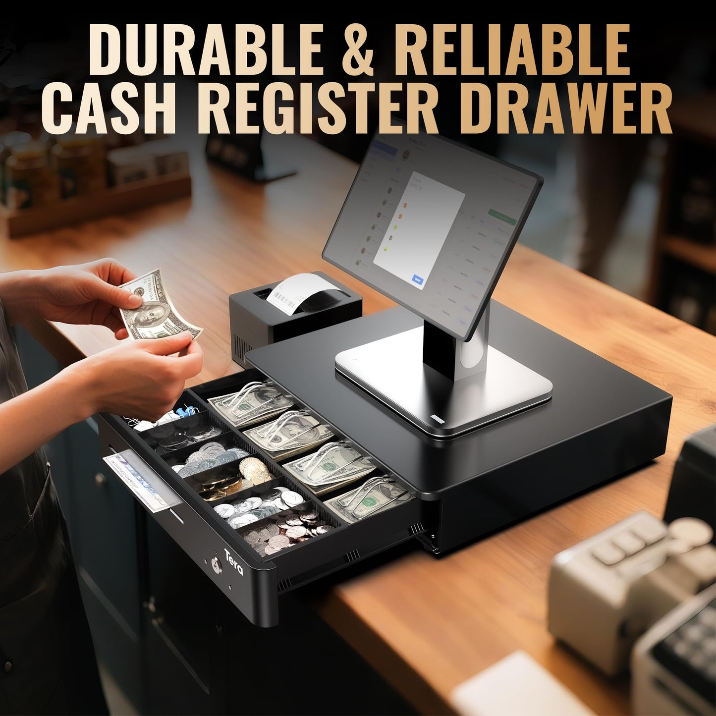 Tera 13" Auto Open Cash Register Drawer Heavy Duty with Fully Removable Insert Tray 5 Keys 4 Bill 6 Coin Media Slot 24V RJ12 Key-Lock (Round Corner) for Point of Sale (POS) System Small Business 330R