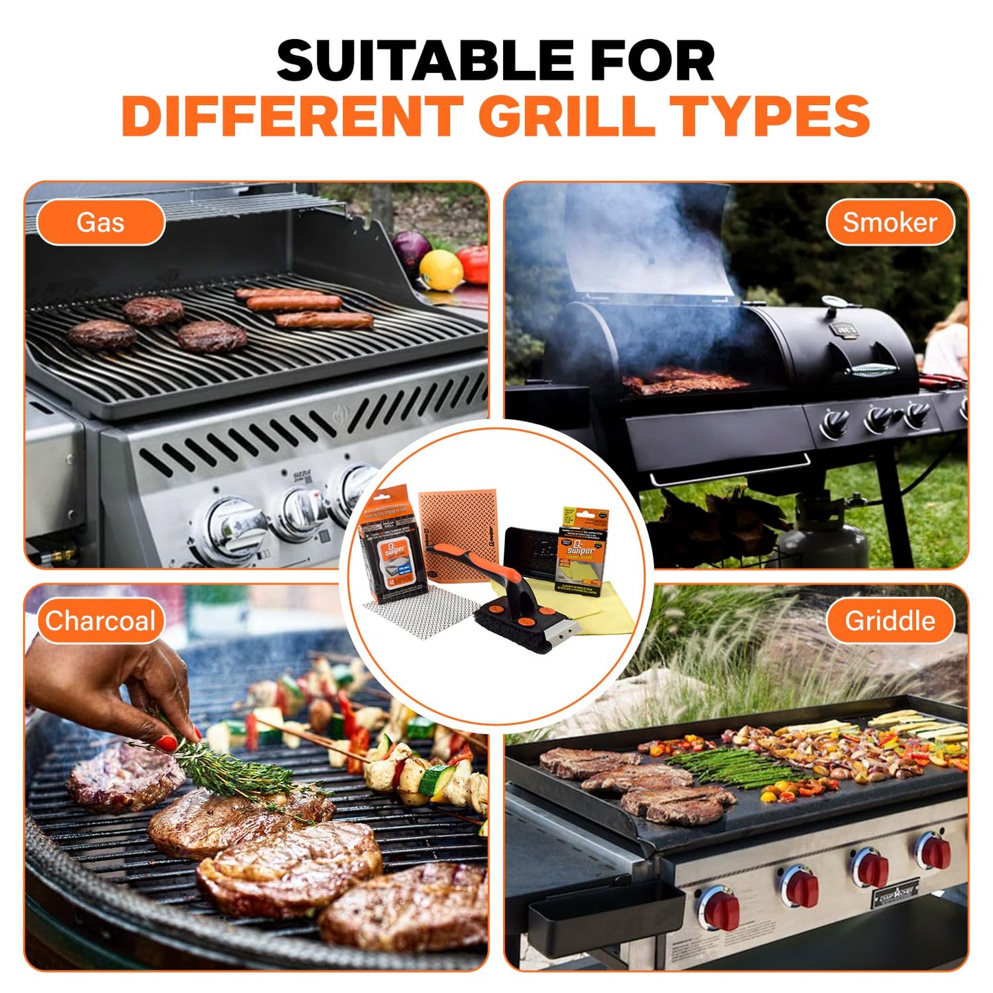 Q-Swiper XL Complete Grill Cleaner Kit - Hot + Cold + Exterior Grill Cleaning. Includes 1 Long Grill Brush, 2 Steam Clean Cloths, 40 Moist Grill Wipes, 1 Exterior Reusable Cloth and 1 Tray.