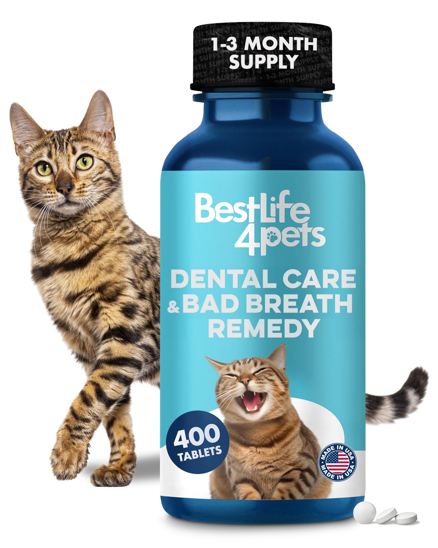 Cat Dental Care & Bad Breath Remedy, Natural Oral Health for Cats Teeth, Mouth, Gums, Daily Cat Breath Freshener, Plaque and Tartar Control Help Gingivitis and Stomatitis, Easy to Use 400 Tiny Pills