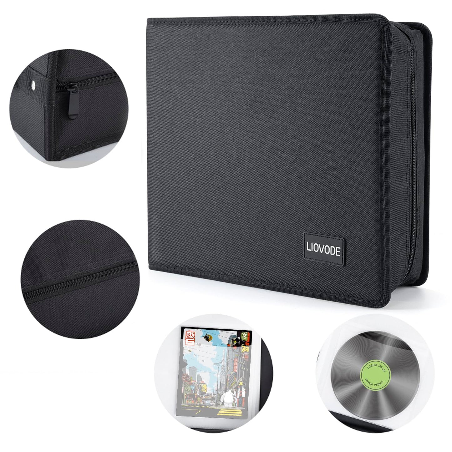 LIOVODE DVD Case 128 DVDs and 64 Booklets, CD Storage Case Holder with Booklet Inserts Binder Blu ray Media Organizer Black CD Wallet for Car (128 Capacity)