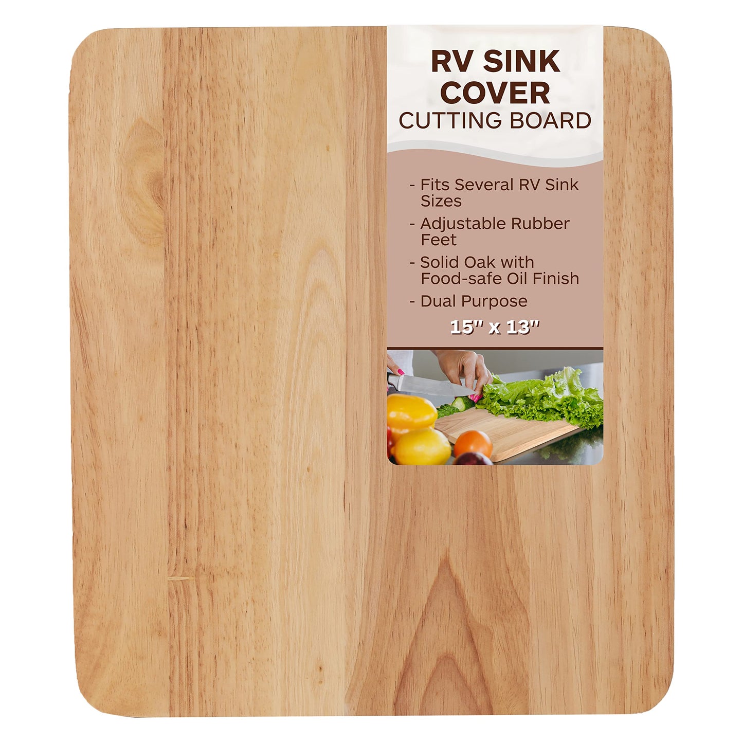 TonGass 15"x13"x3/4" RV Sink Cover with Adjustable Rubber Feet, Camping Cutting Board, Solid Oak with Food-Safe Oil Finish, Dual Purpose Sink Cover Cutting Board Add Counter Space in RV Kitchen