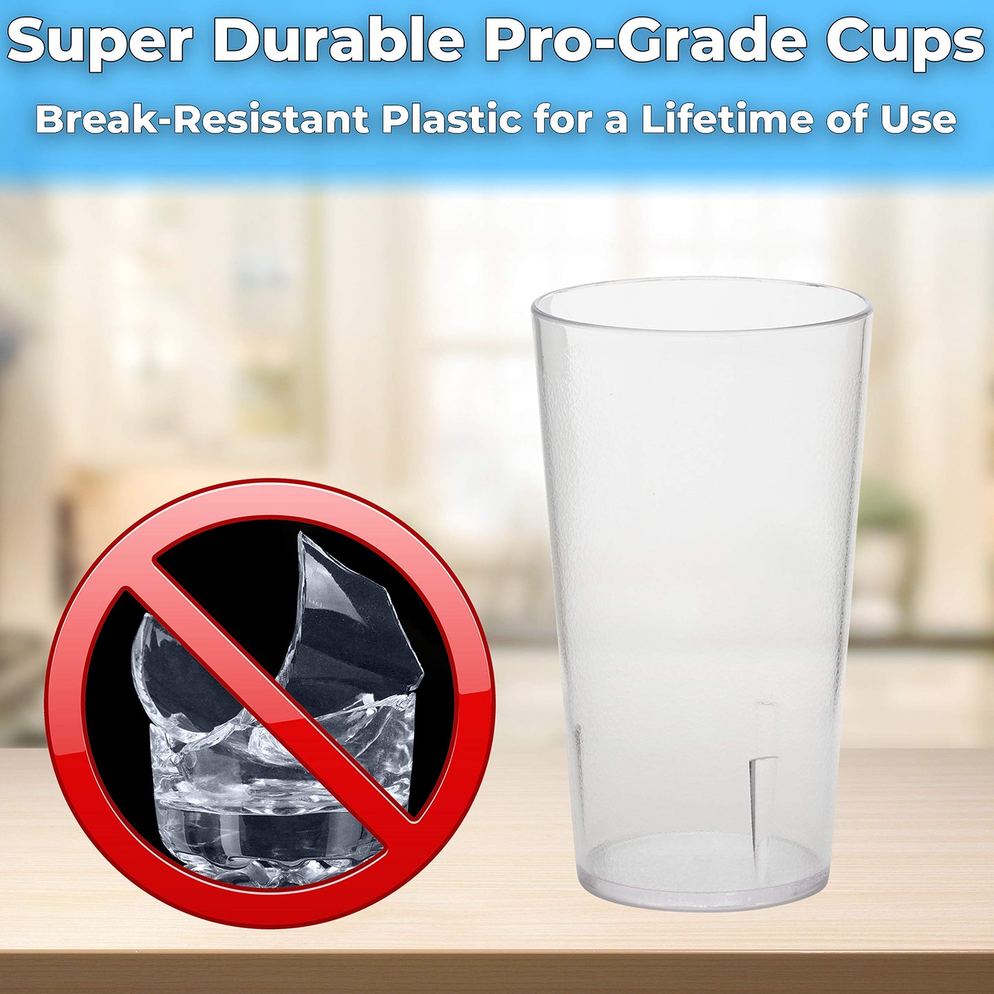Restaurant Grade, BPA-Free 12oz Clear Plastic Cups 24pk. Super Durable, Break Resistant Drinking Glasses for Cafe, Party, Catering. Reusable, Stackable Tumblers with Textured Grip Design