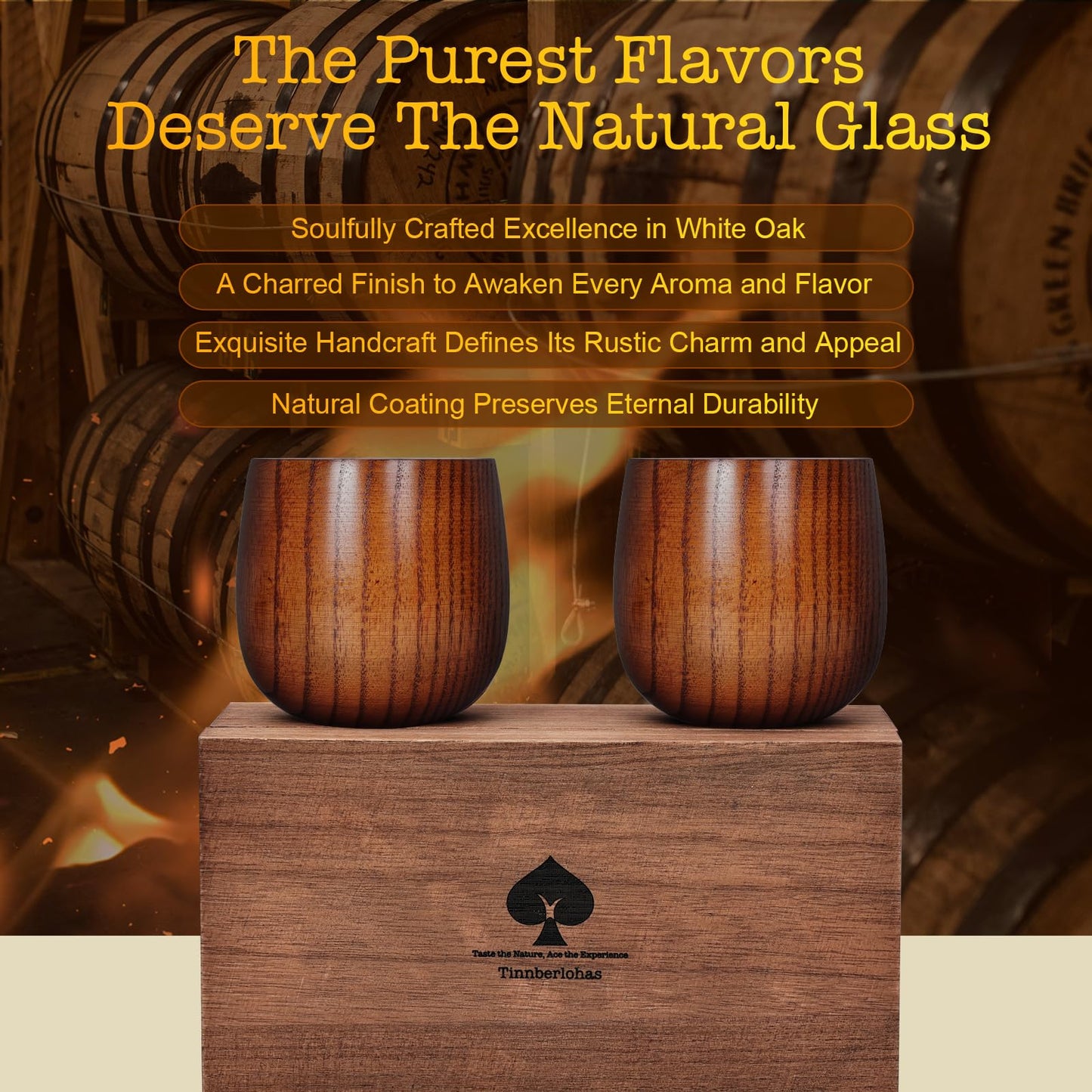 Tinnberlohas Charred Wooden Whiskey Glass Set of 2 – Durable Bourbon Tumbler for Men, Insulated Old Fashioned Glass – Whiskey Gifts for Husband, Dad, Brother – Birthday, Christmas, Father's Day