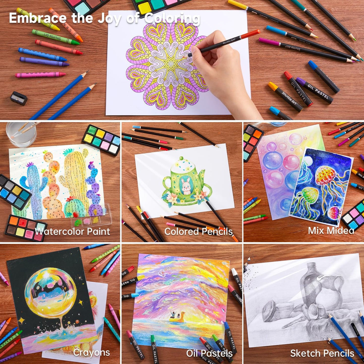 Shuttle Art Deluxe Art Set, 149 Piece Art Supplies in Wooden Case, Painting Drawing Art Kit with Acrylic Paint Pencils Oil Pastels Watercolor Cakes Coloring Book Watercolor Sketch Pad for Kids Adults