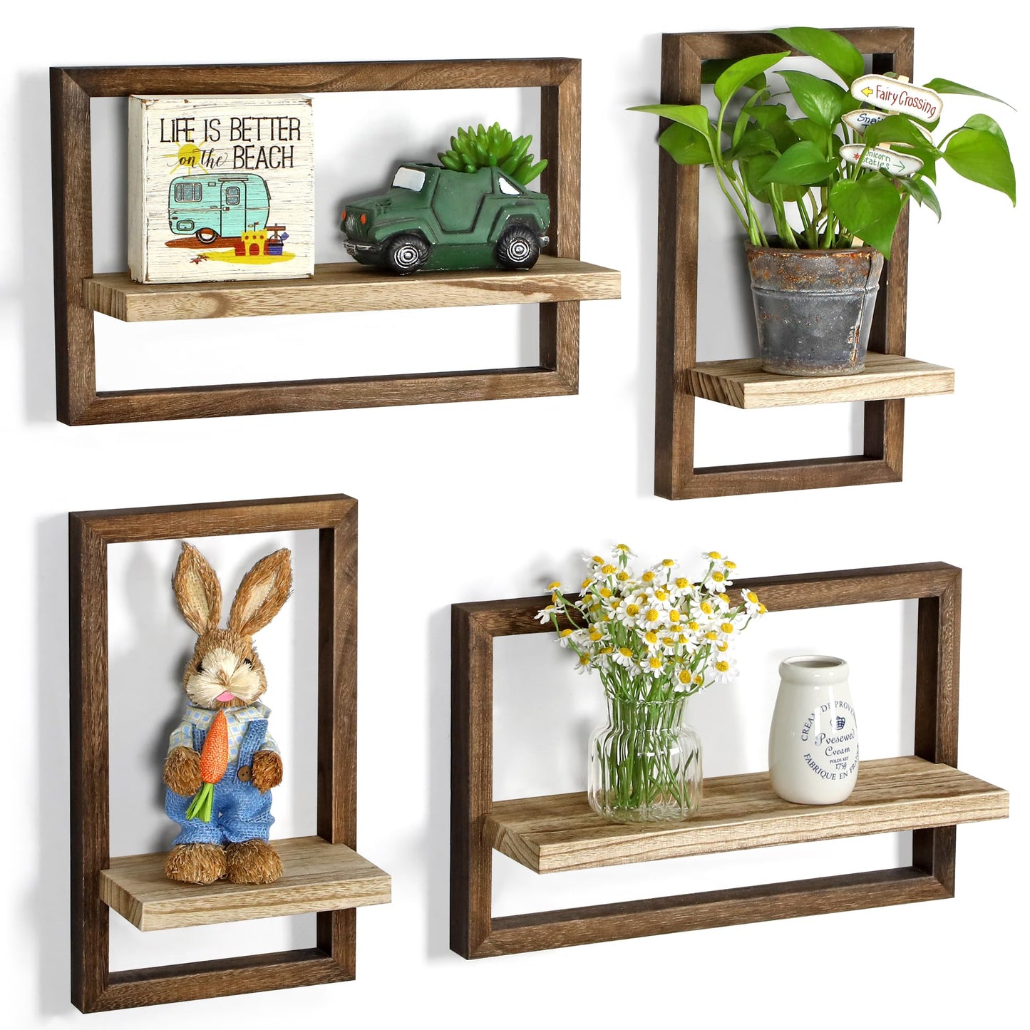 DifferTemp Floating Shelves for Wall, Modern Farmhouse Wall Shelves Decor Set of 4, Wall Mounted Rustic Wood Shelves for Wall Decor and Small Plants, Living Room, Bedroom, Bathroom, Home Office, Brown