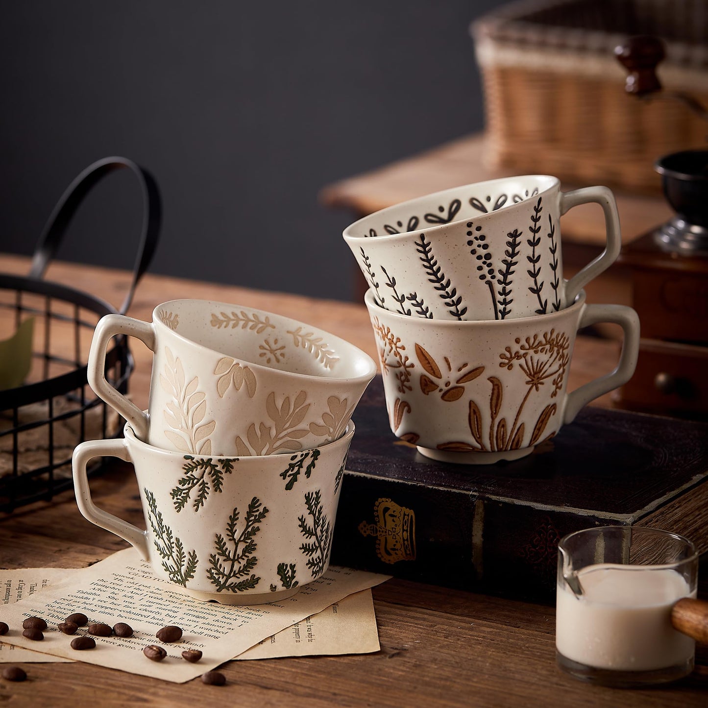 Swuut 12oz Vintage Ceramic Coffee Mug Set of 4 - Handmade Rustic Pottery Countryside Coffee Mugs with Handle,Fall Winter Latte,Espresso Cappuccino,Cocoa,Tea Cups, Dishwasher Microwave Safe(Plants)