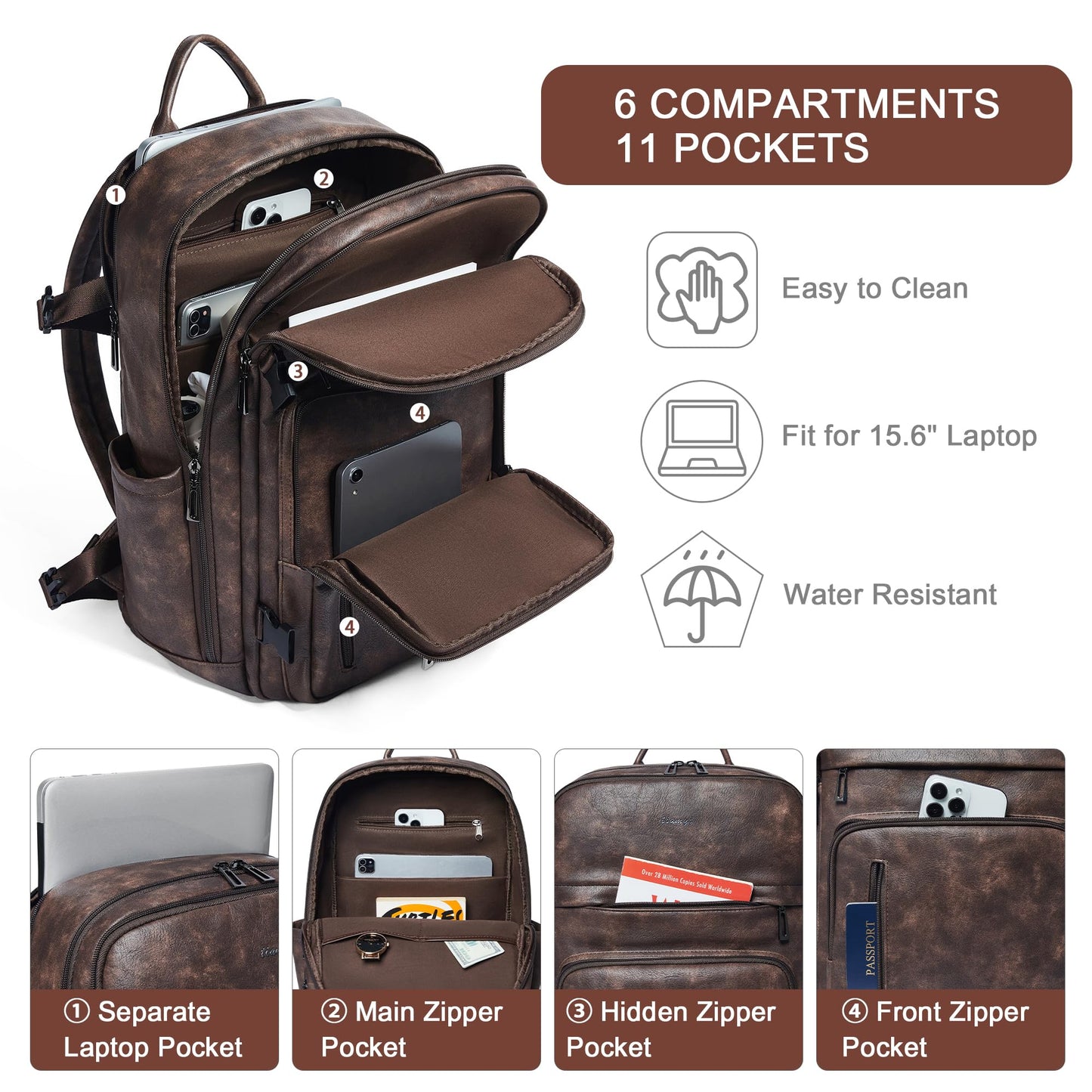 Tiamyi Travel Backpack for Women, Fits 17.0" Notebook, Stylish Lay-Flat Carry-on Vegan Leather Backpack with Luggage Strap for Travel and Daily Use, Coffee