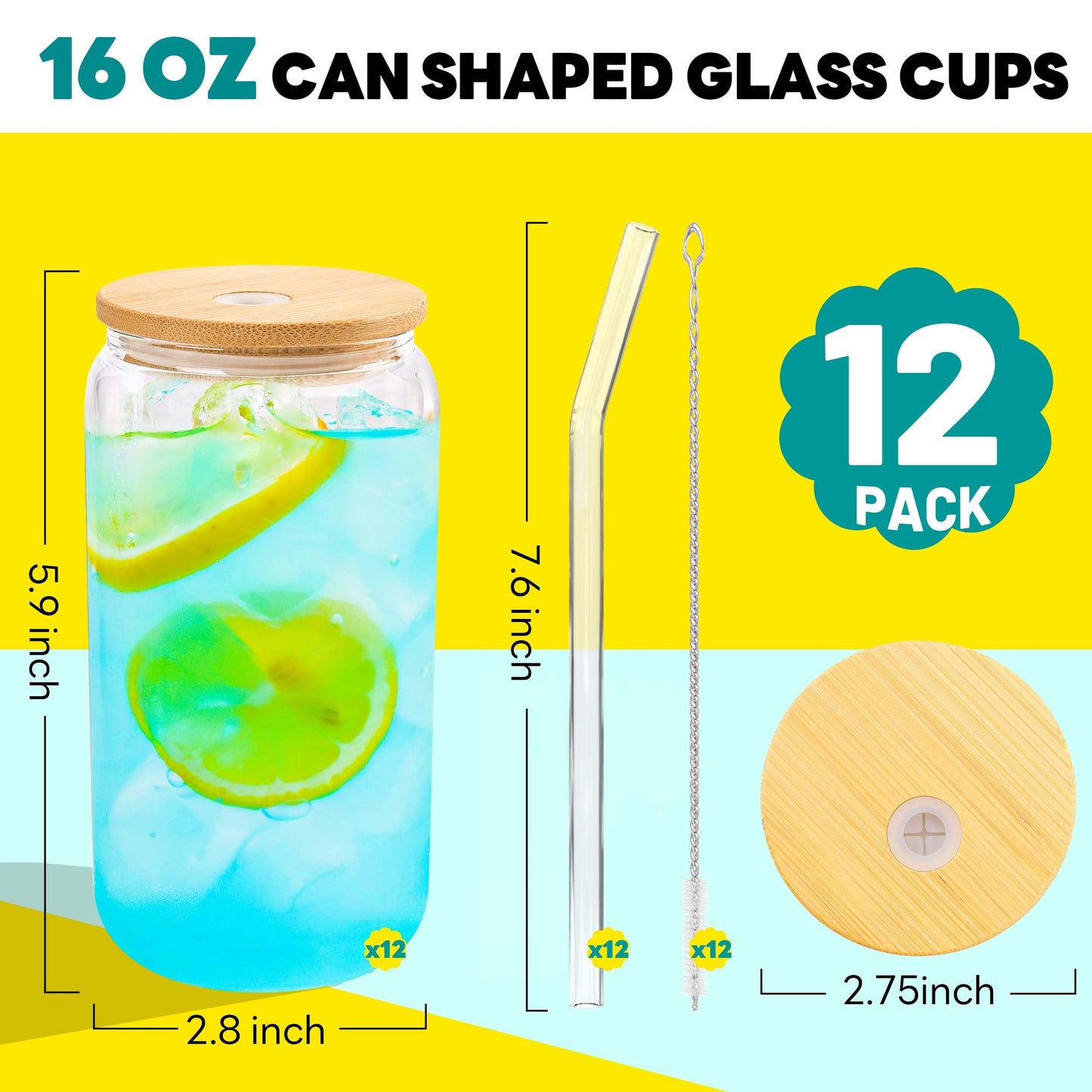 Joyclub Glass Cups with Bamboo Lids and Straws 12 Set 16 oz Reusable Iced Coffee Cup Beer Can Drinking Jars for Smoothie Whiskey Boba Soda Tea Gift