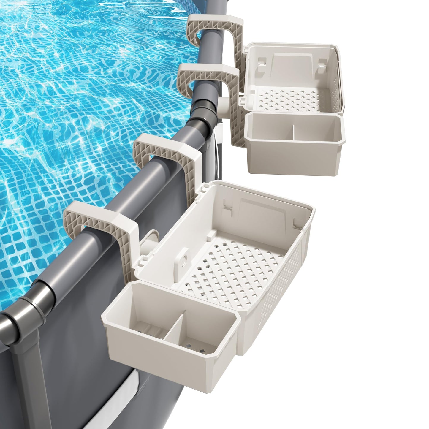 2 Sets of Poolside Storage Baskets with Cup Holders - Perfect for 3-Inch or Smaller Top Rails - Above Ground Pool Accessories - Fit for Most Above Ground Pool(Beige)