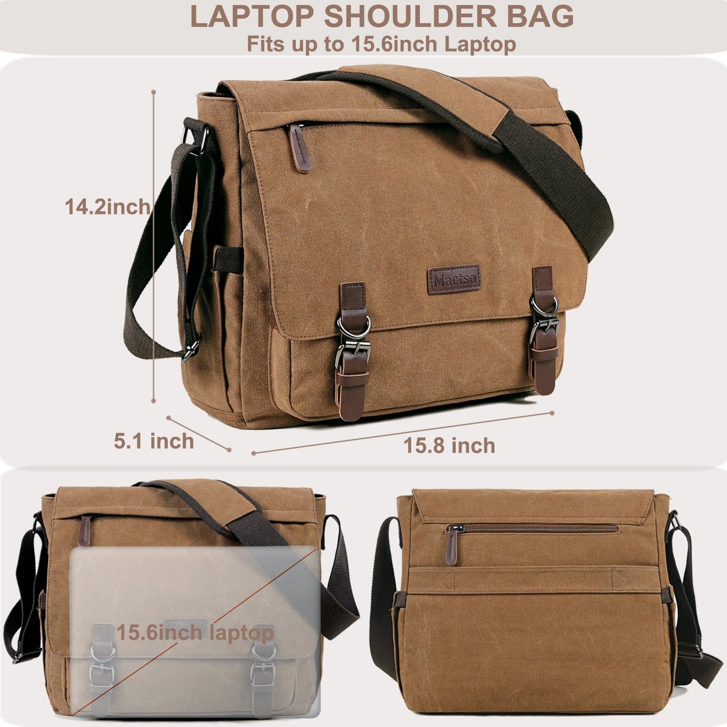 Vintage Messenger Bag 15.6 Inch Laptop for Men Women,Travel Crossbody Shoulder Purse Canvas Briefcase Work Office College (Coffee-Upgrade)
