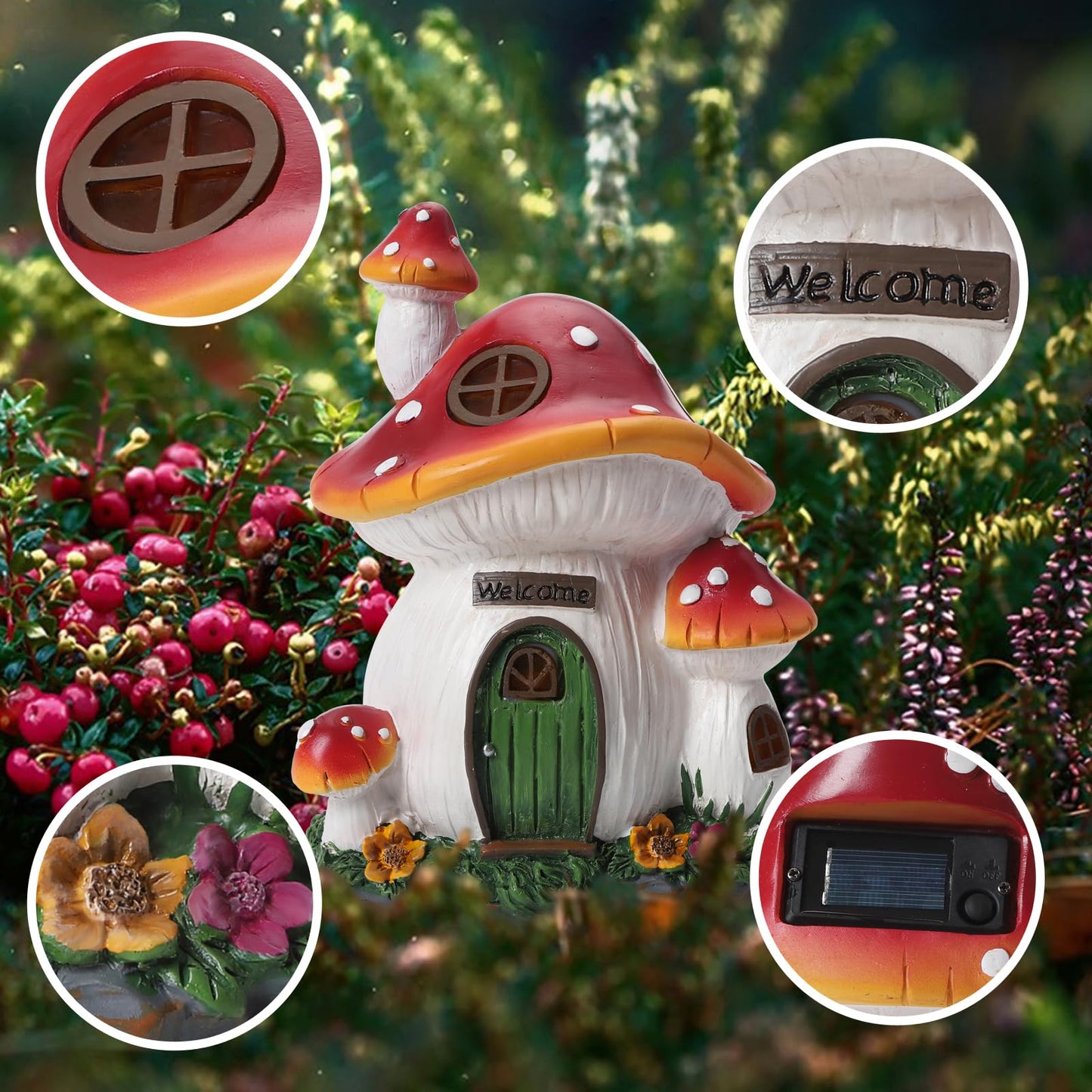 Mushroom House Garden Statue Outdoor, FHWTY Solar Light Mushroom House Garden Figurines for Lawn, Balcony, Yard Decoration, Outdoor Garden Decoration, Gift for Mom, Grandma, Women, Family Mothers Day
