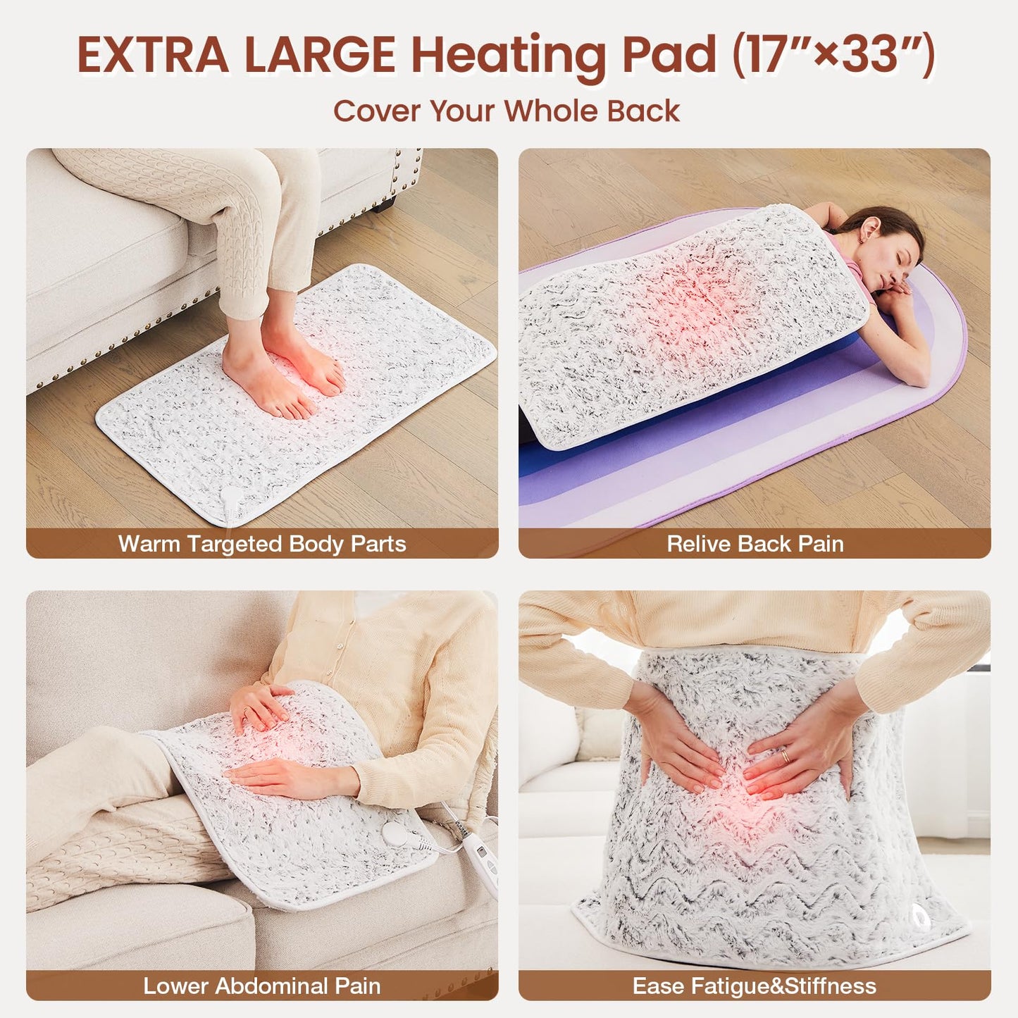 Bearhug XXL Electric Heated Pad 17''x33'' Double-Sided Faux Fur Heating Pad, 6 Heat Levels, 2-Hour Auto-Off, Moist & Dry Heat Therapy for Back Pain Relief, Machine Washable, ETL Certified - Gift Box