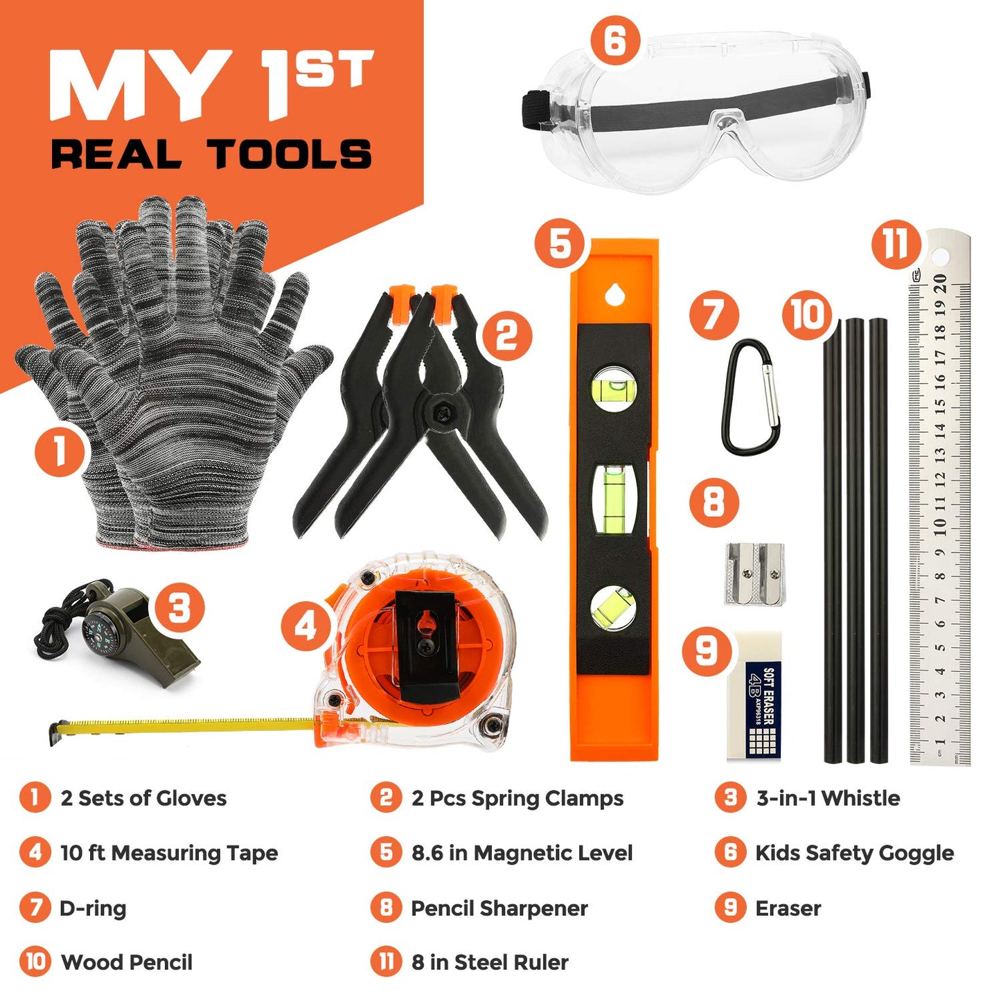 INCLY 18PCS Kids Tool Set with Reinforced Belt, Adjustable Waist 20"-32", Boys Real Hand Tools Kit Children Construction Learning Tools Hammer Screwdriver for Home DIY Building & Woodworking