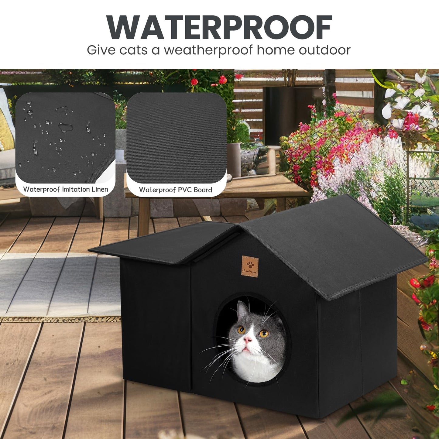 PawVogue Outdoor Cat House, Weatherproof & Insulated Cat Houses for Outdoor Cats with Waterproof Oxford Fabric and Density Board - Black