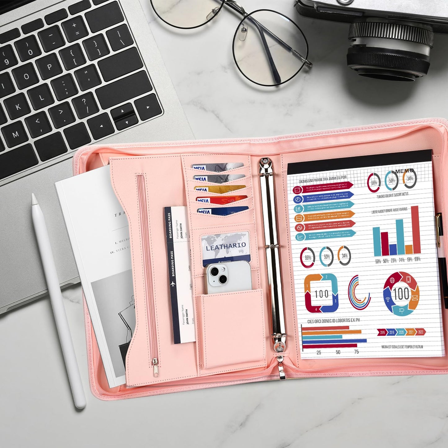 Leathario Portfolio, Vegan Leather 3-Ring Binder with Zipper, A4 Padfolio, Includes 10 Sheet Protectors and 3 Notepads, Multi-Pocket Document Holder for Tablets, Files, Notepads, Office Supplies