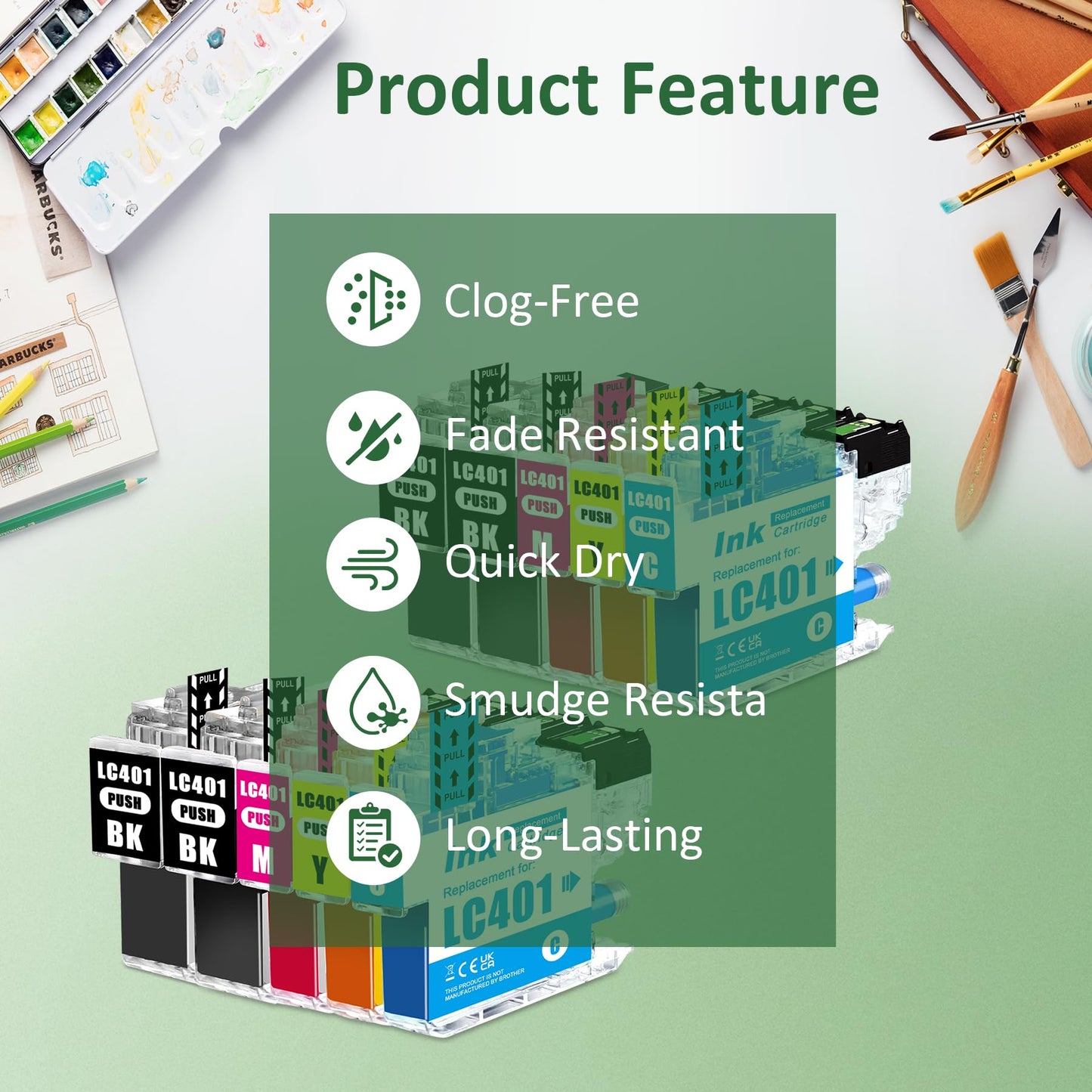 LC401 Ink Catrtidges bk c m y 10 Pack Replacement Compatible for Brother LC401 LC401XL Ink for MFC-J1170DW MFC-J1800DW MFC-J1012DW MFC-J1010DW (4 Black/2 Cyan/2 Magenta/2 Yellow)
