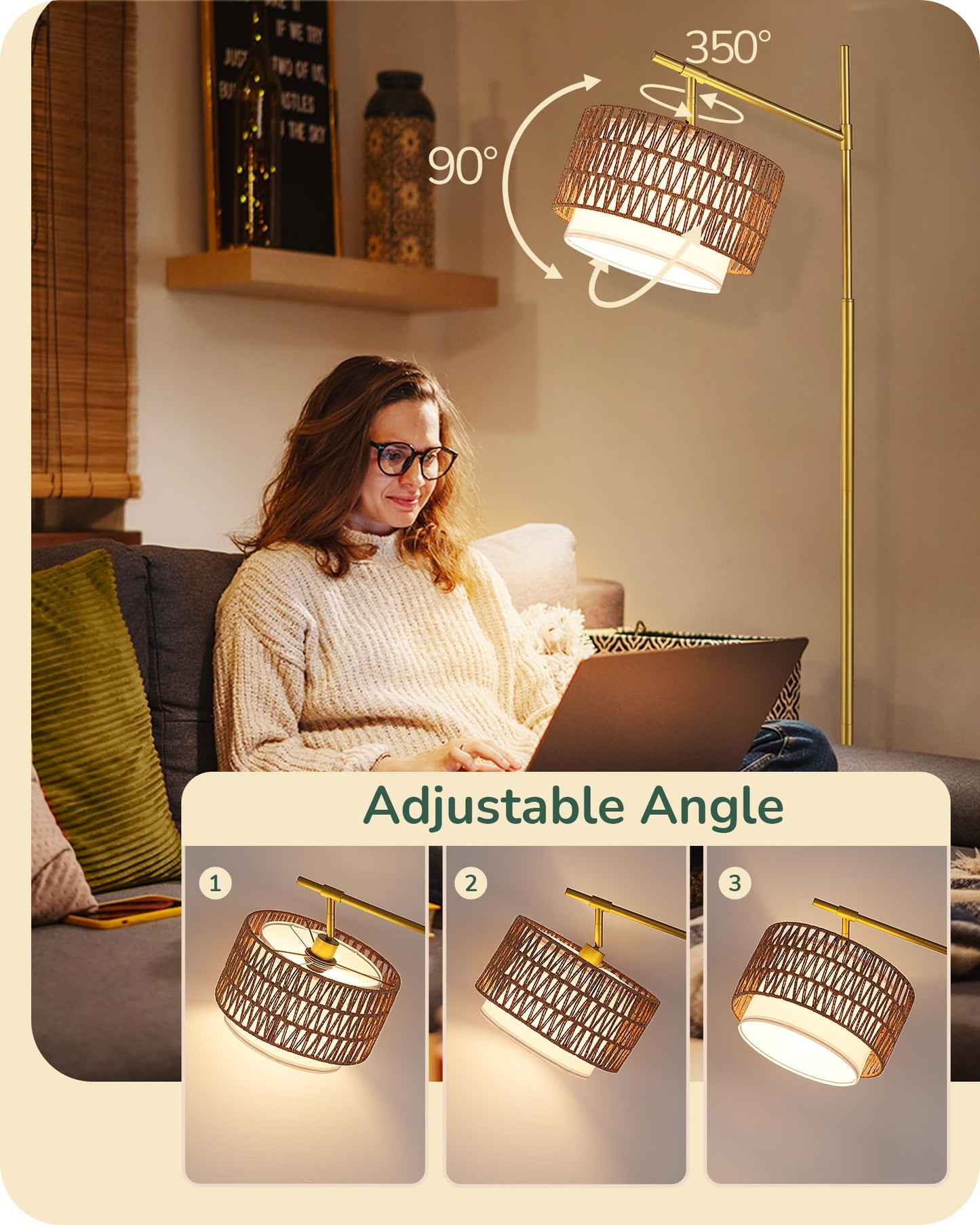 EDISHINE 64" Arc Floor Lamp with Remote, Gold Farmhouse Standing Lamps for Living Room, Rattan & Fabric Dual Shades, Dimmable LED Bulb, Foot Switch, Adjustable Head Boho Lamp for Bedroom, Nursery
