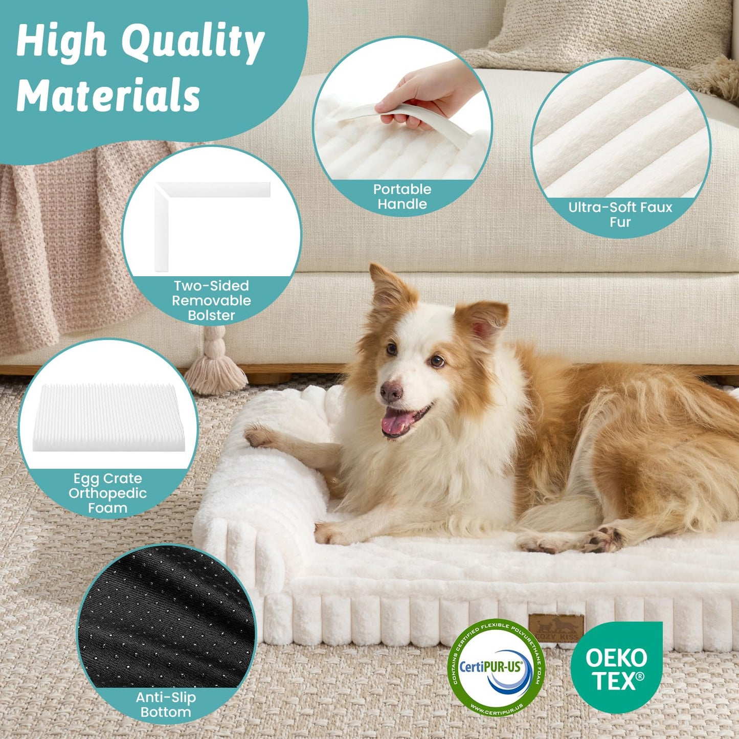 COZY KISS Cute Dog Bed, Faux Fur Orthopedic Foam Dog Bed with Sides, Removable Washable Cover & Waterproof Lining, Comfortable Pet Couch for Small Dogs, Cream (30" L x 20" W x 6" Th)
