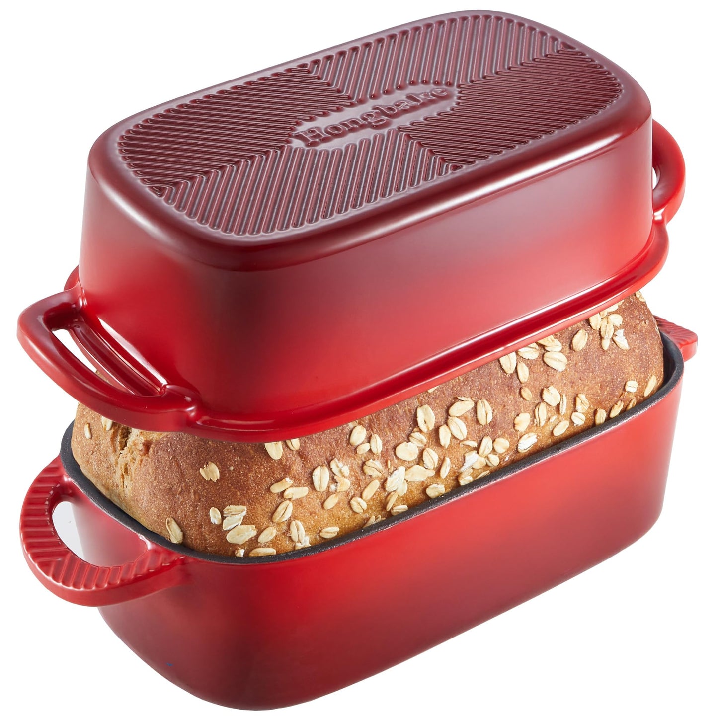 HONGBAKE Everline Collection 2 in 1 Enameled Cast Iron Loaf Pan with Lid, 9x5 Bread Pans for Baking Homemade Sourdough, Non-Toxic Large Loaf Tins, Even Heating Bread Dutch Oven, Red