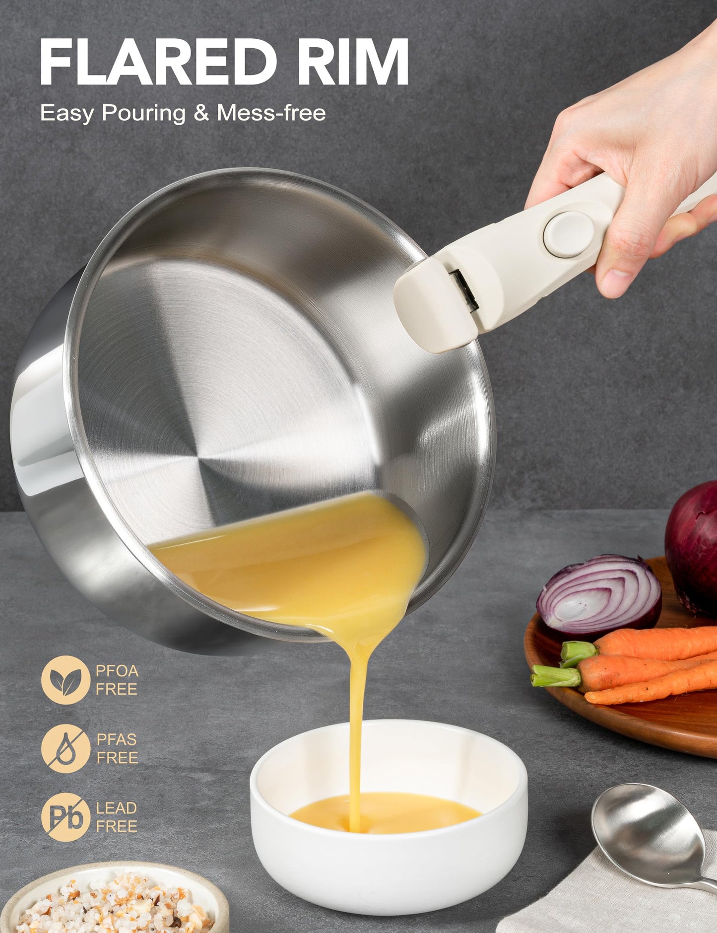 MICHELANGELO 6pcs Stainless Steel Pot Set with Removable Handle, Triply Base Stainless Steel Saucepan with Lids, Detachable Handle Saucepan Set, Induction Compatible - White