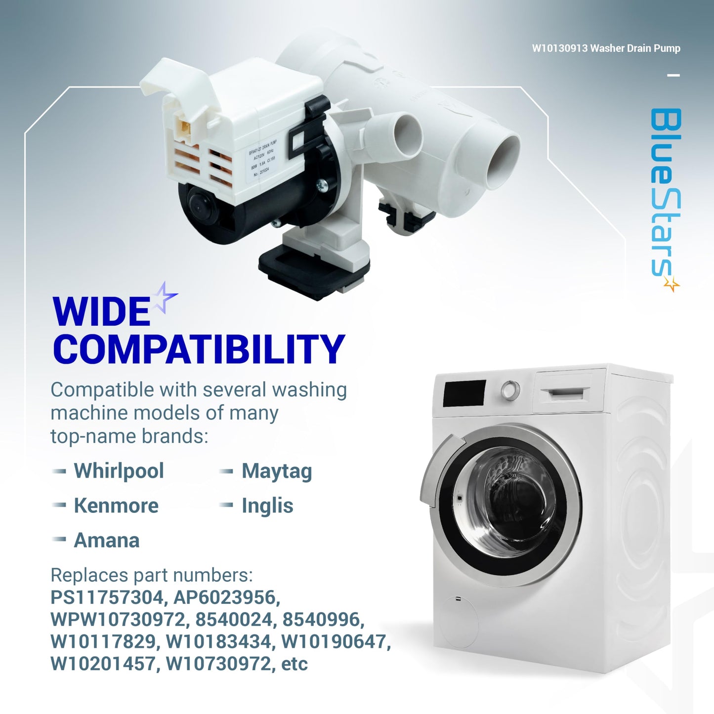BlueStars WPW10730972 W10130913 Washer Drain Pump Assembly - for Whirlpool 9200 Duet Washer, Kenmore he2 Plus, Maytag 2000 3000 4000 Series wfw8400tw02 wfw9200sqa10 - Replaces 8540024 W10117829