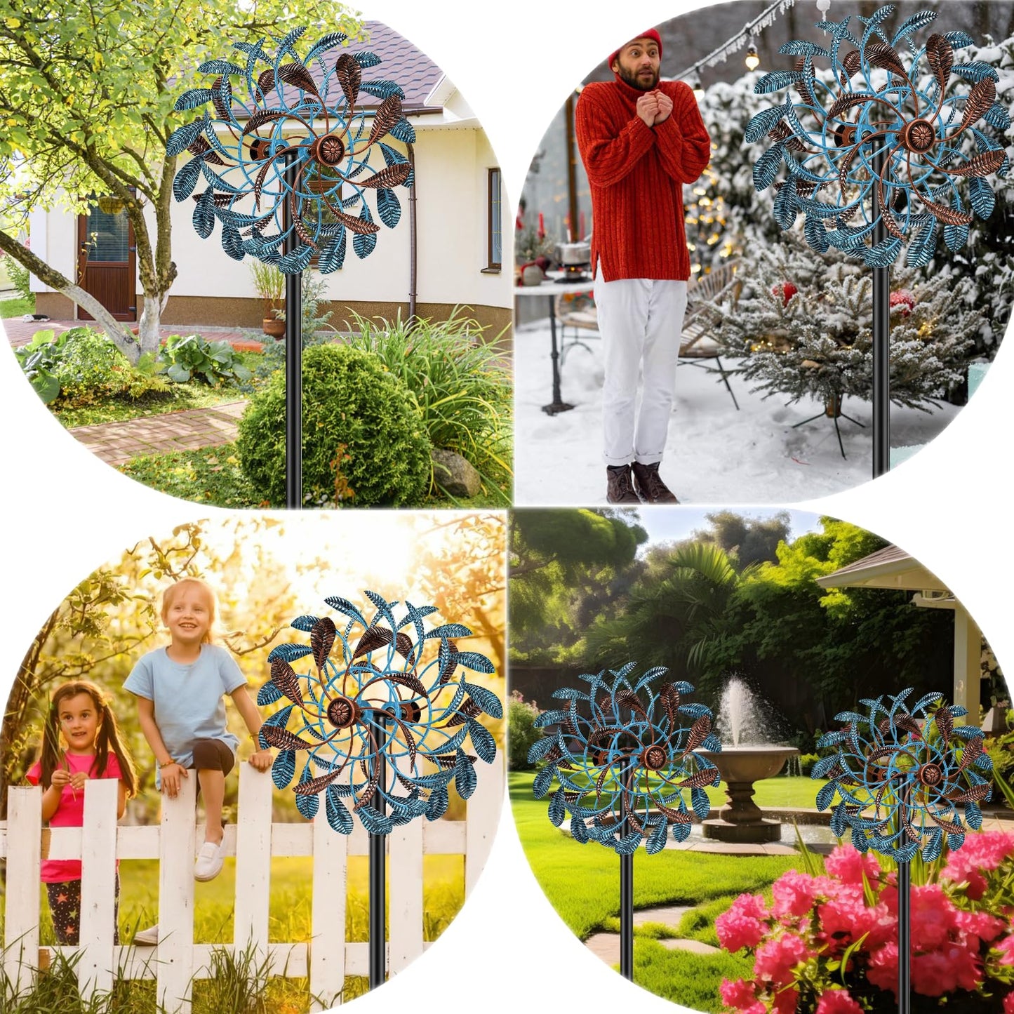 360° Wind Spinners Outdoor, Wind Sculptures Windmill with Metal Stake, Kinetic Large Metal Yard Art Decor Spinners Pinwheels for Garden Outside Patio Lawn, 63.2 * 13.2" (Blue+Brown)