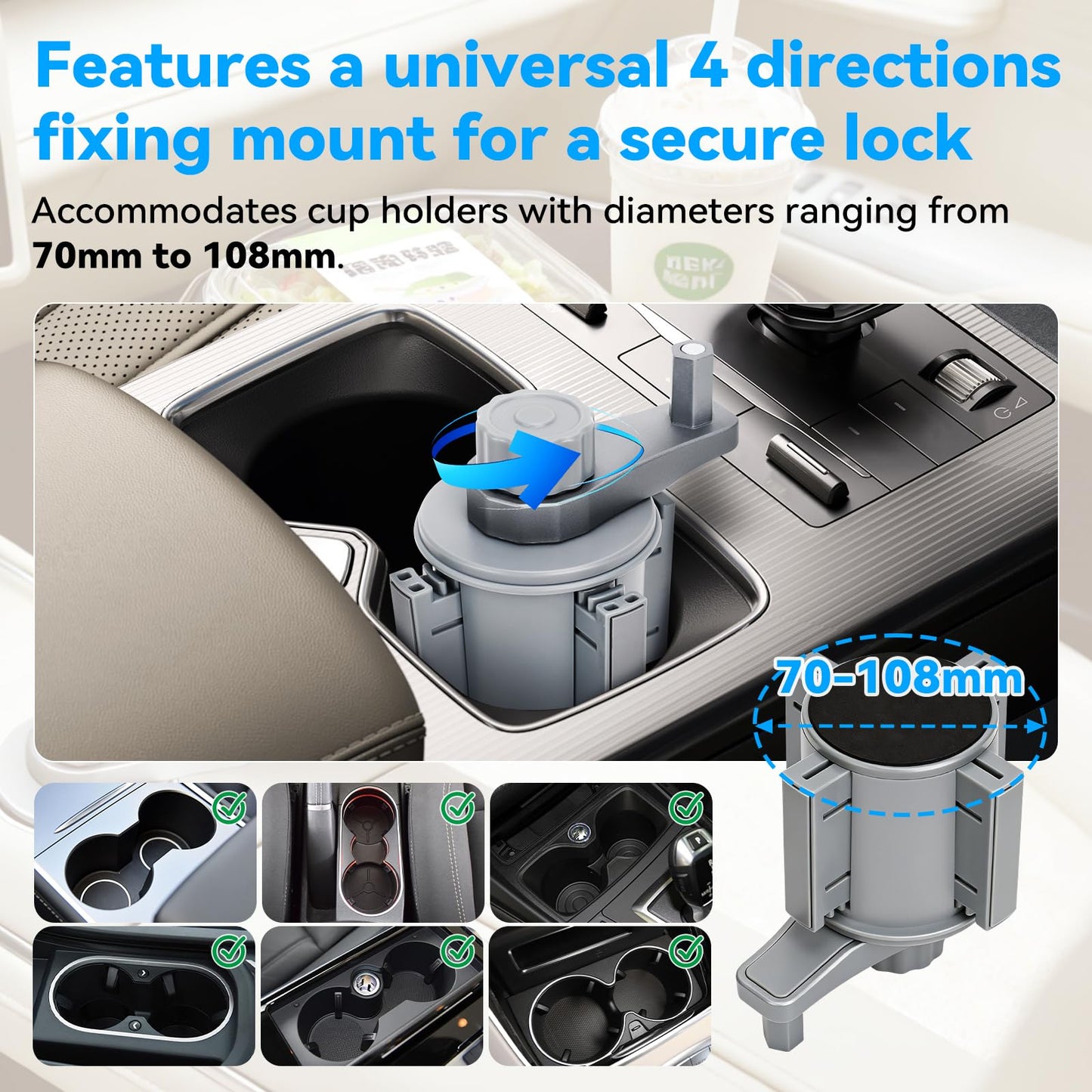 NEOGO Car Desk for Laptop - 360° Rotating Wooden Car Tray with Updated 4-Way Expandable Base, 2 Height Modes Cup Holder Table, Steering Wheel Tray Alternative for Eating & Work, Universal Fit (Walnut)