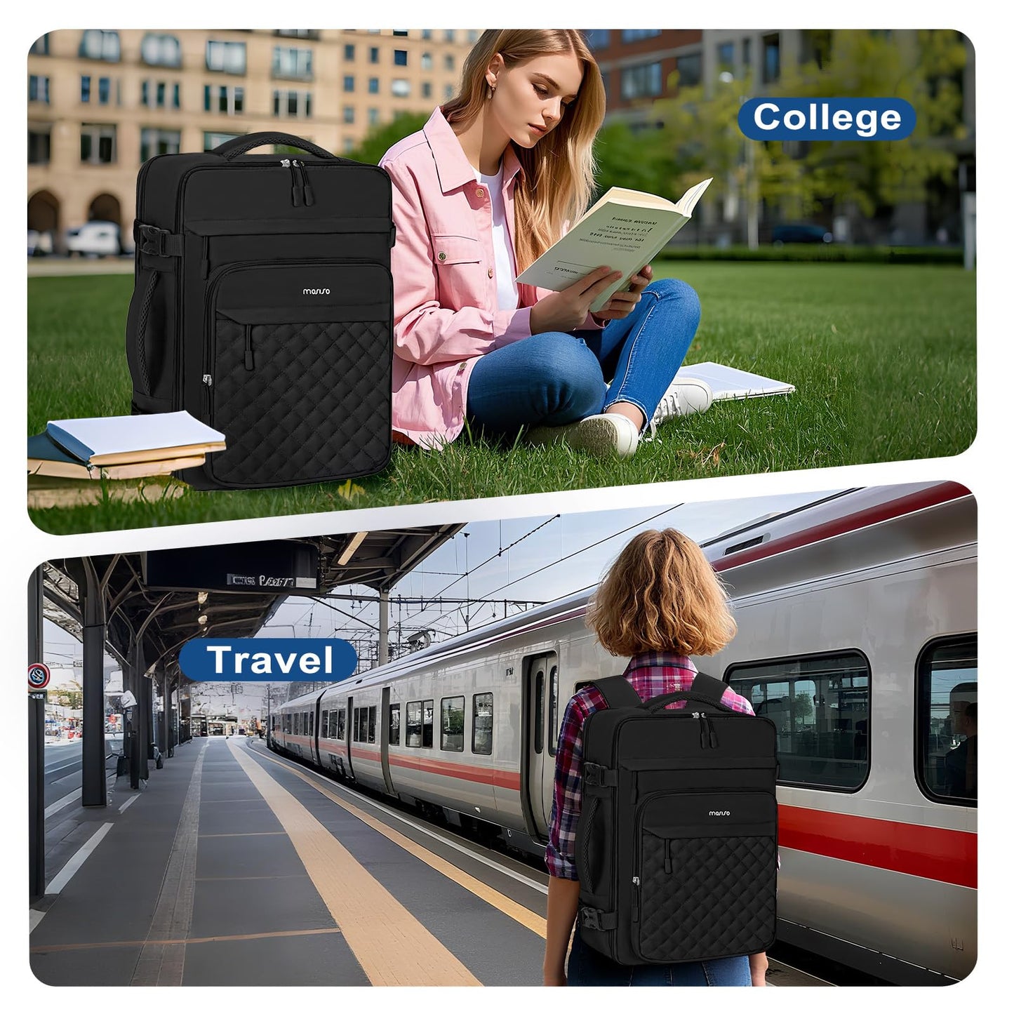 MOSISO Travel Backpack for Women Men, 15-15.6 inch Rhombus Quilted Laptop Backpack Flight Approved with Packing Cubes, 16 inch Carry on Daypack with USB Port for College Work Business, Black