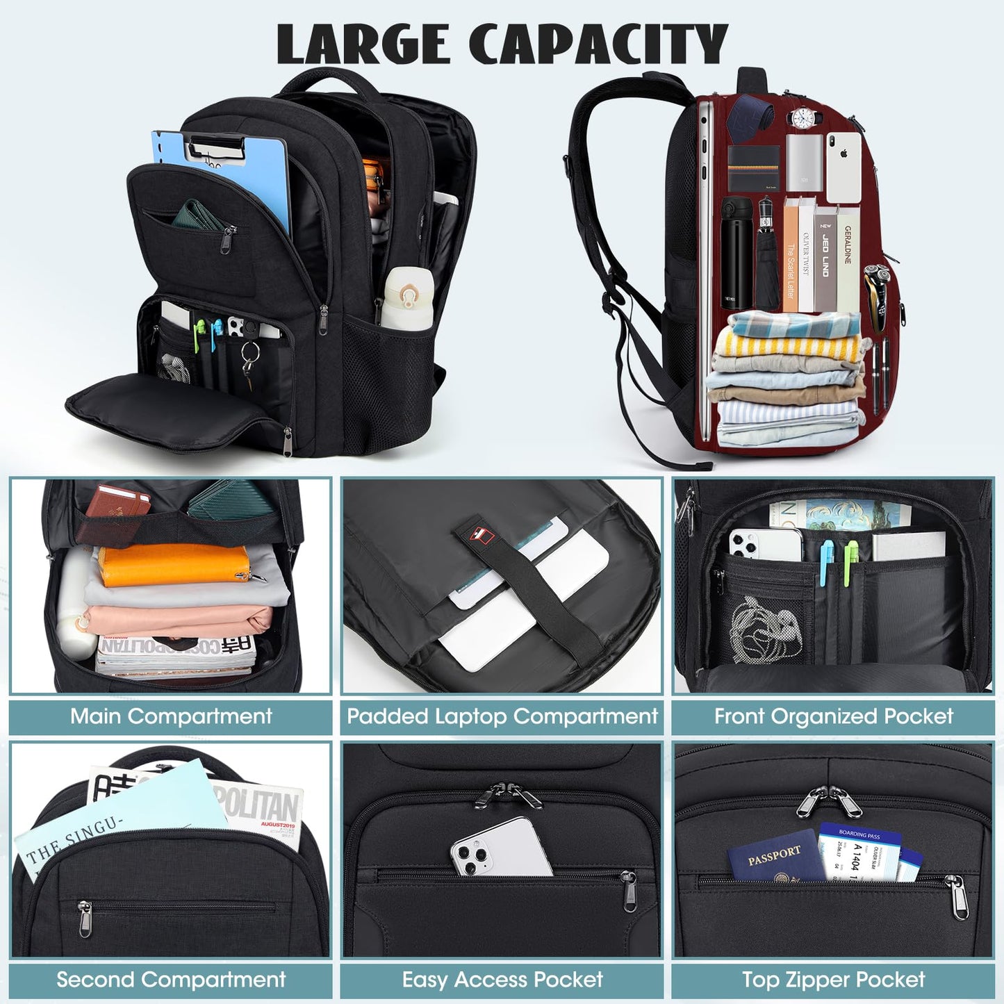 Travel Laptop Backpack, 17.3 Inch Extra Large Laptop Backpack with USB Charging Port 45L Travel Backpack for Men Women Water Resistant Computer Backpack for College School Work Business, Blcak