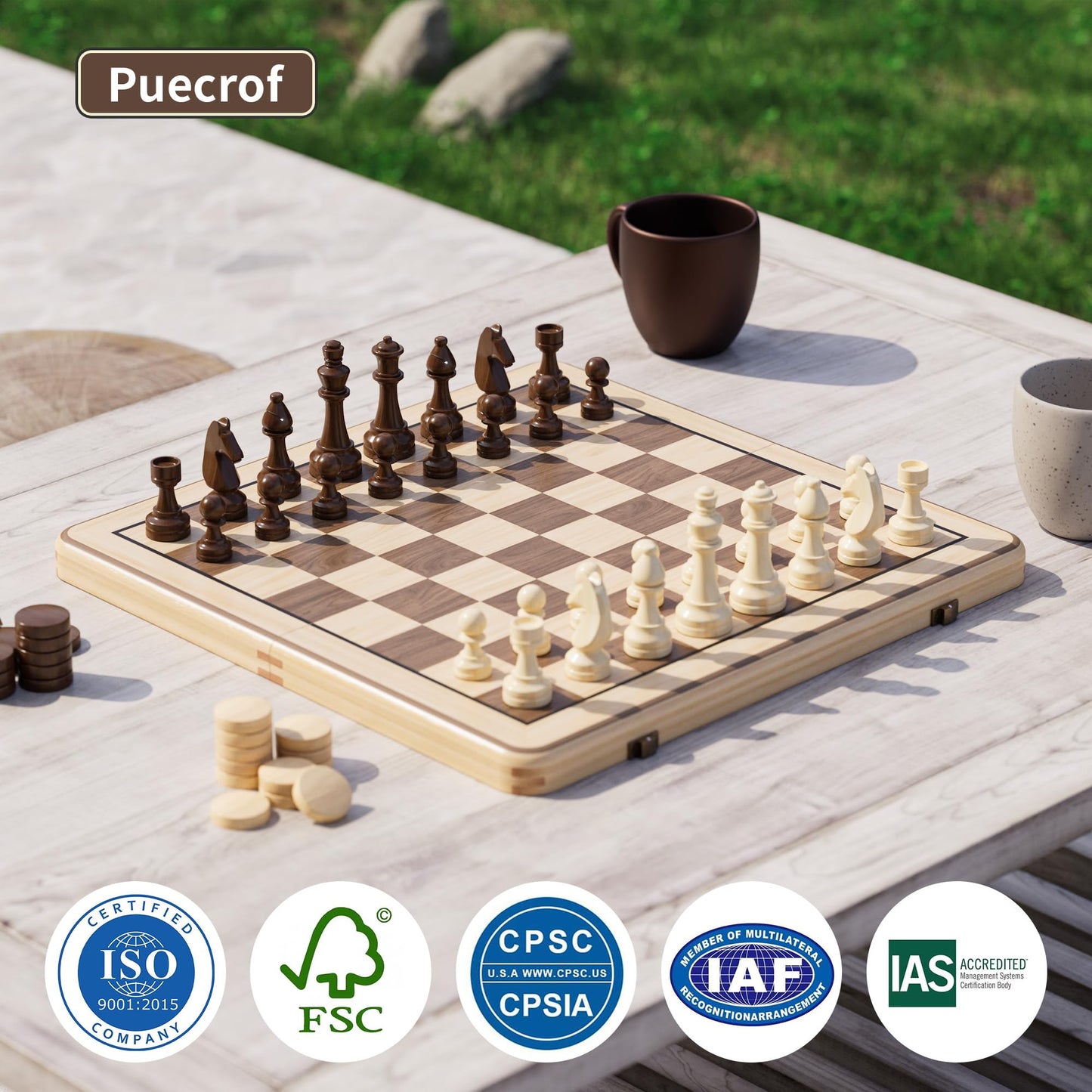 15" Wooden Folding Chess & Checkers Set - 2 in 1 Board Game with 3" King Staunton Pieces and 2 Extra Queens