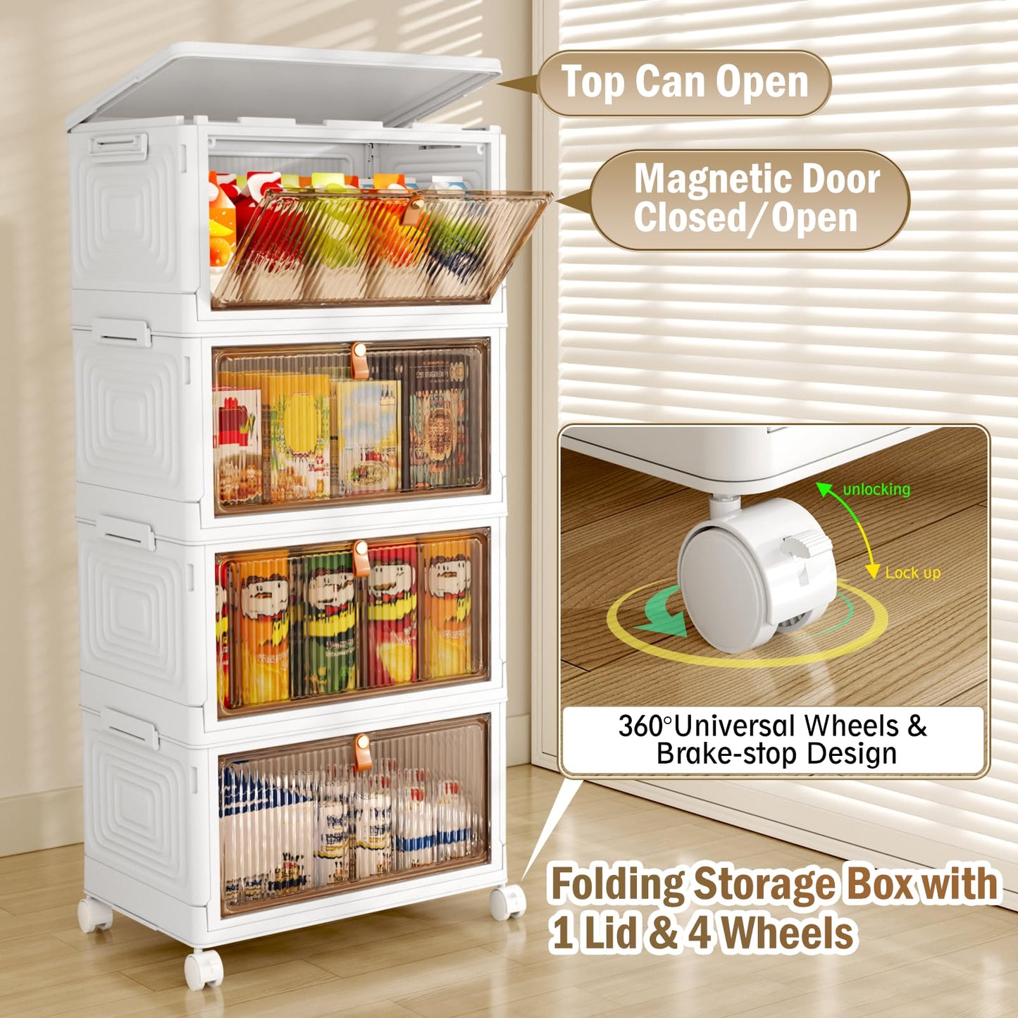 NestOrganix 4 Tier 23QT Plastic Storage Bins with Lid, Storage Containers with Wheels, Folding Storage Box, Stackable Storage Bins, Organizers and Storage for Home,Office 14.56" x 10.62" x 31.49"