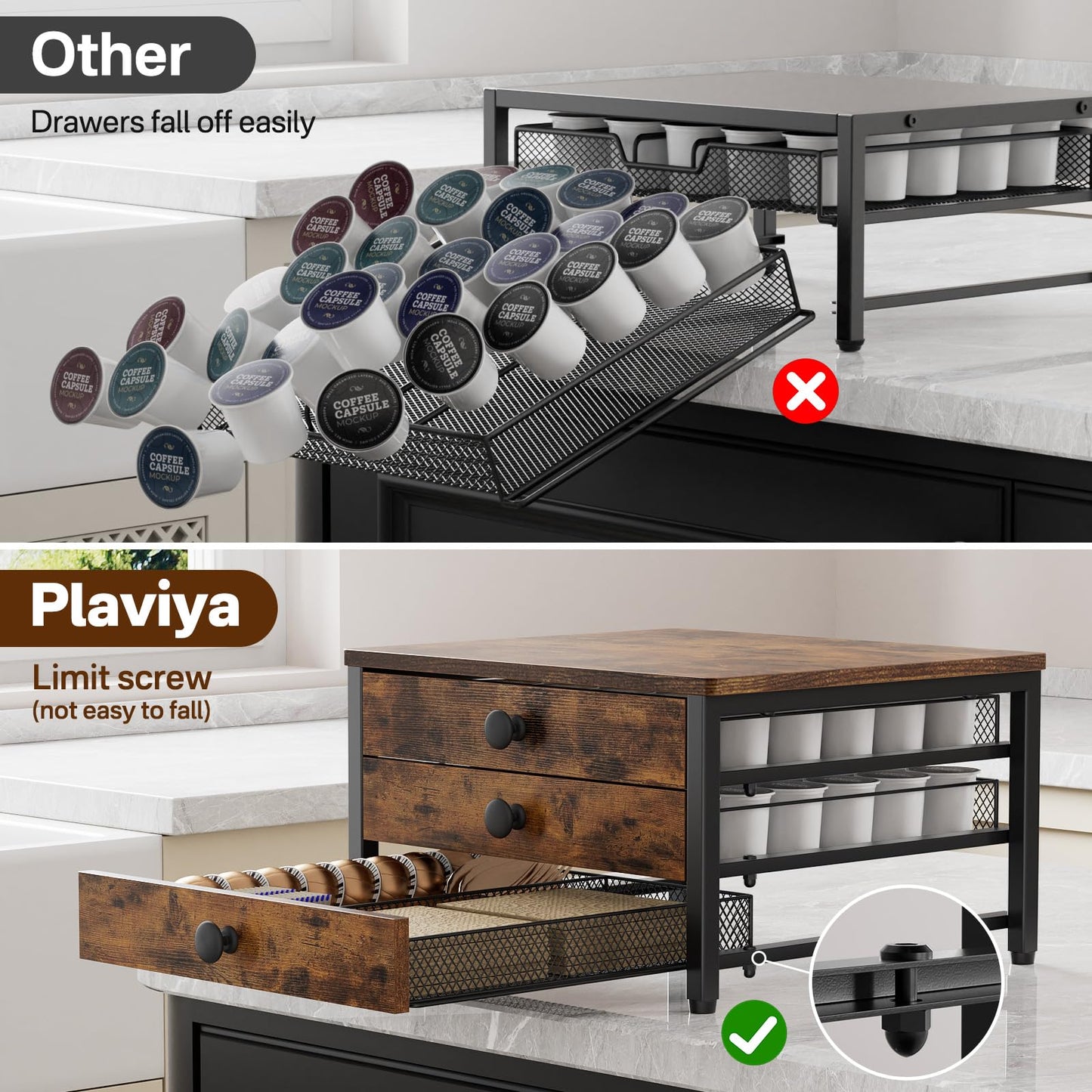 Plaviya Coffee Pod Holder for Counter, 3 Tier Coffee Bar Organizer for K Cup Capsules, 60 Capacity Pods Storage Organizer Cups Capsule with Sliding Baskets for Coffe Bar, Kitchen