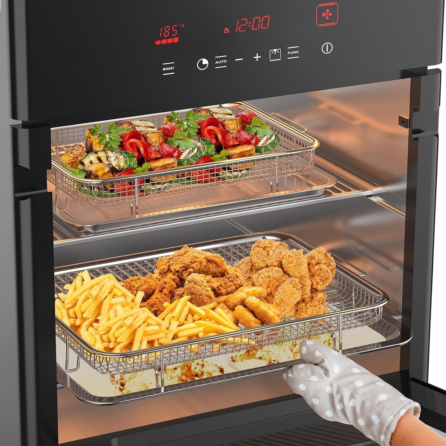Air Fryer Basket, OPENICE 2 Set Air Fryer Basket and Tray for Oven, Stainless Steel Oven Crisper Tray and Pan for Crisping Fried, Chicken, Bacon - Large & Small