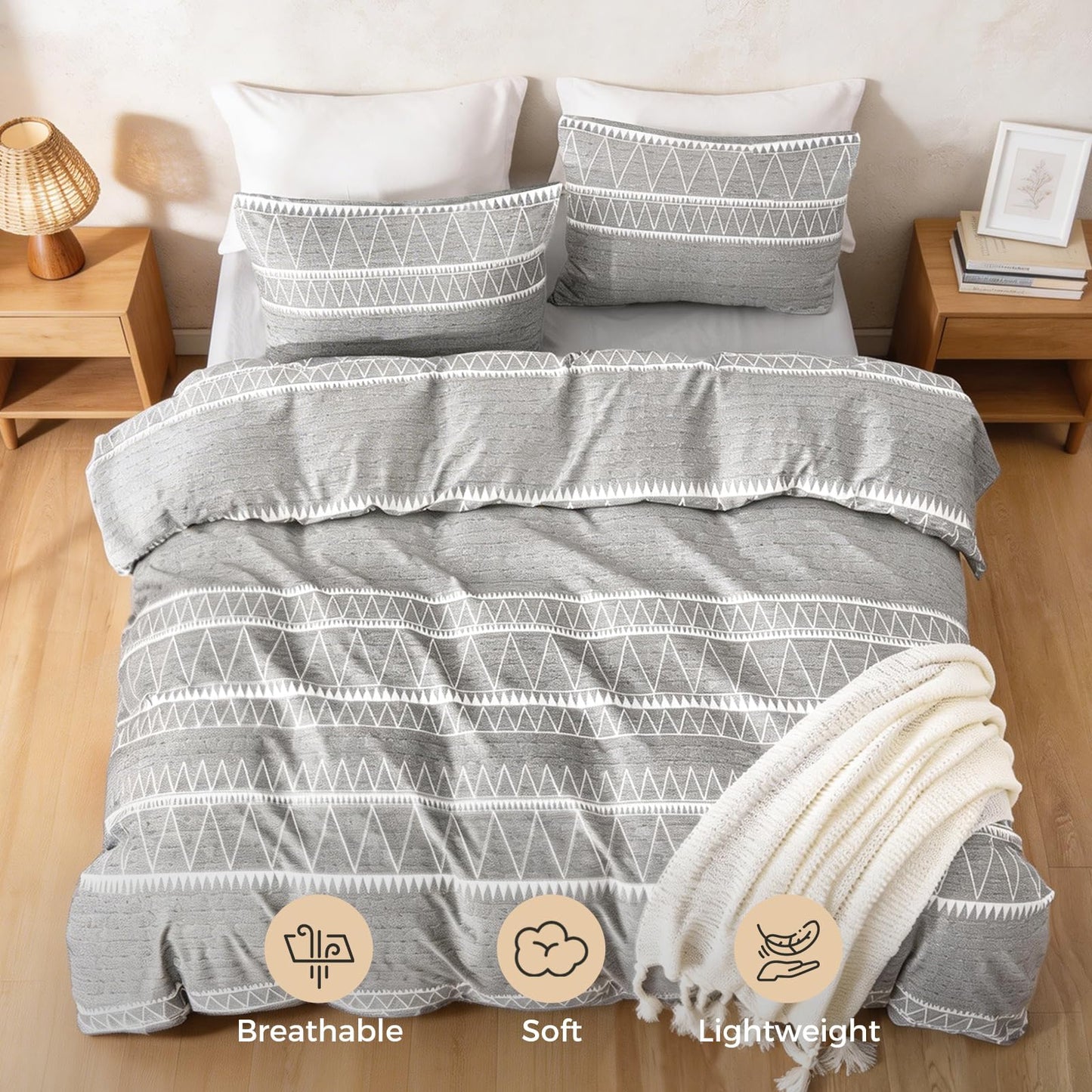 Lekesky Boho Duvet Cover King, Ultra Soft Brushed Microfiber King Duvet Cover Set, 3 Pieces Breathable King Bedding Sets with Zipper Closure and Corner Ties, Grey Striped