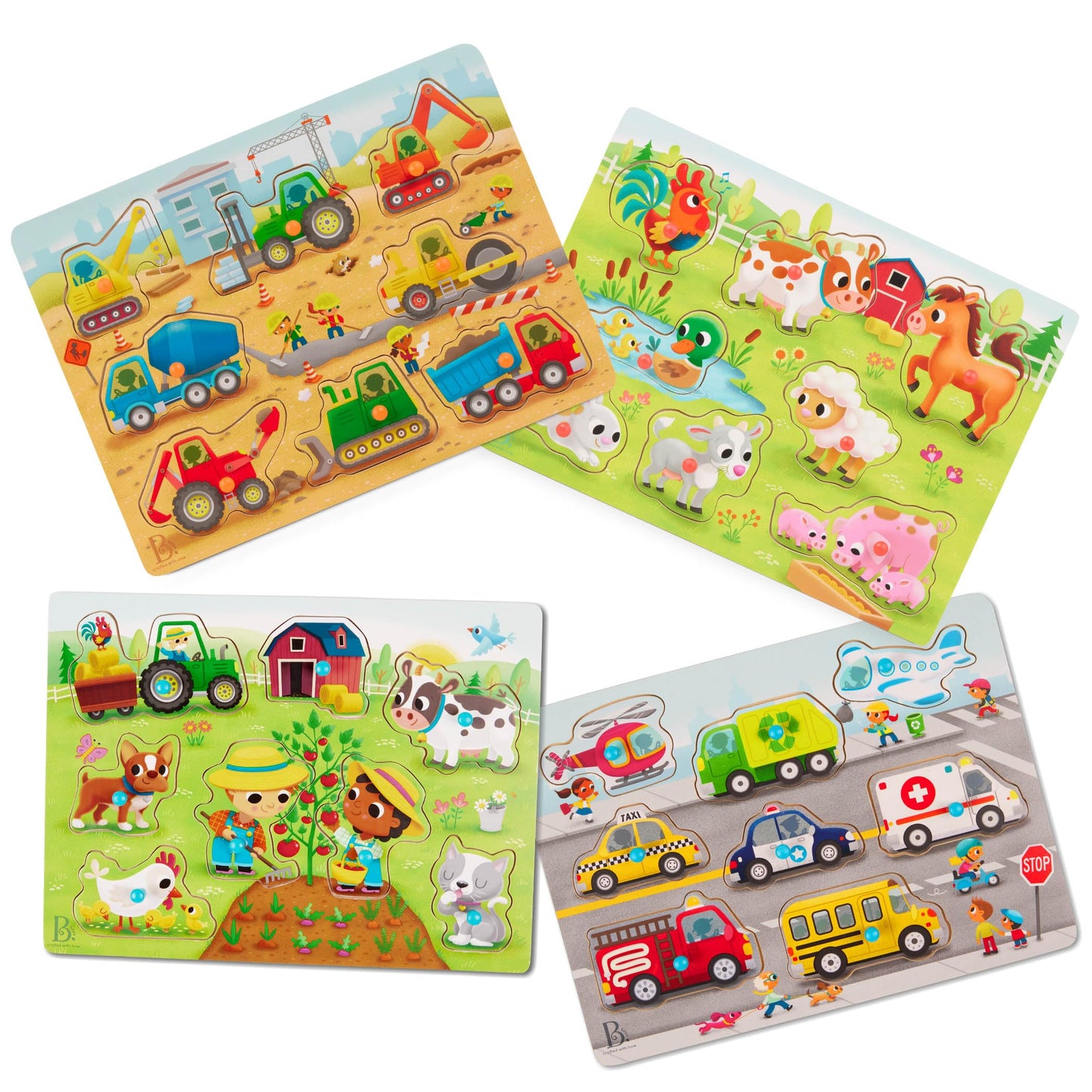 B. Toys – Peek & Explore Puzzle 4 – Pack – Wood Toys for Toddlers, Kids – 8 Pieces Each – Vehicles, Trucks, Animals, Barnyard – 2+ Years