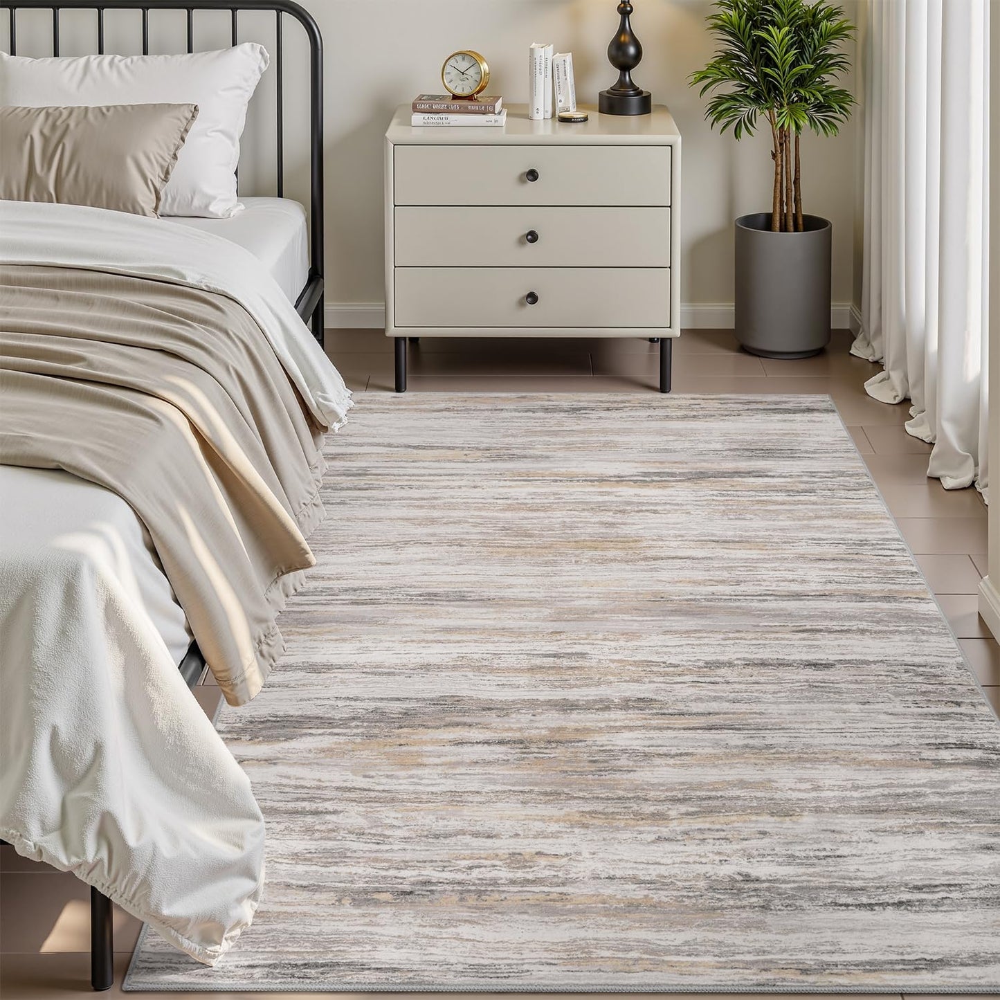 Abstract Area Rug 4x6 Bedroom Rugs for Living Room - Carpet Low Pile Washable Rugs for Bedroom Dining Office Room Mat Waves Pattern Grey & Beige