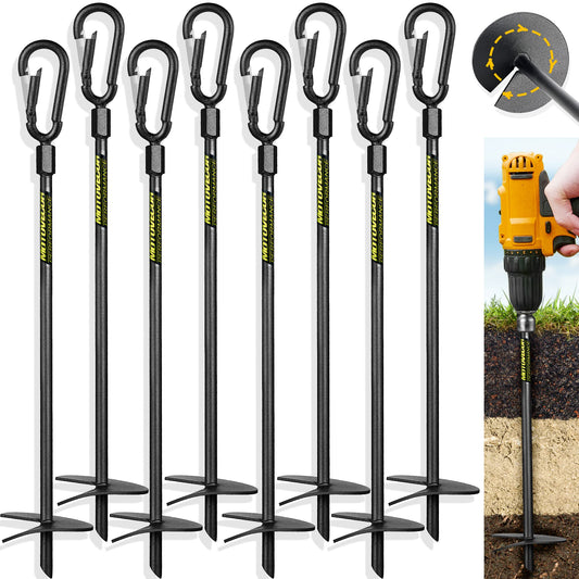 18” Heavy Duty Ground Anchors Screw in(1000lbs), Swing Set Earth Anchors Made with Tungsten Steel, Detachable Carabiner Design, High Wind Trampoline Stakes for Trees, Camping Tents, Canopies, Sheds